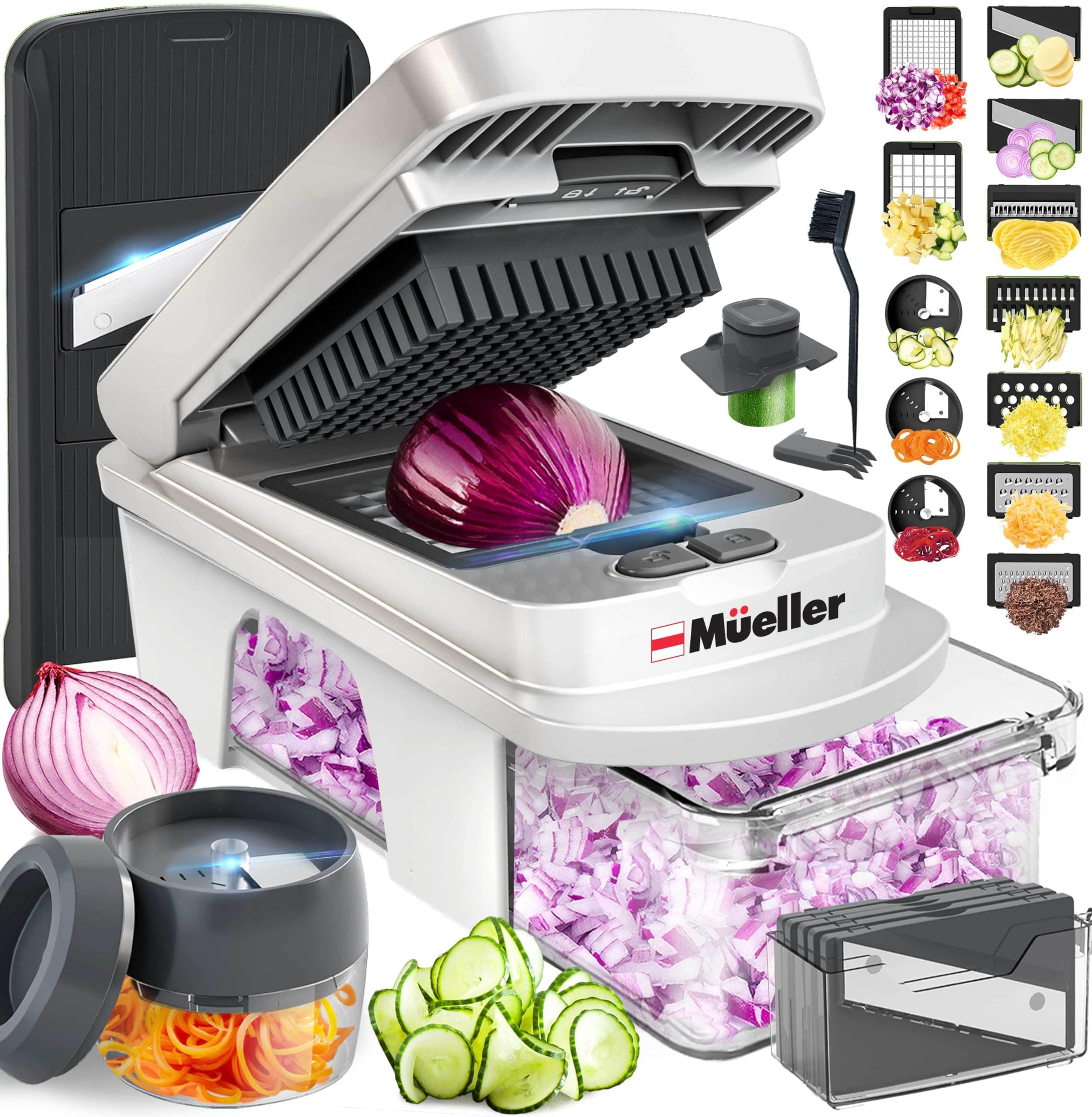 Mueller Pro-Series All-in-One, 12 Blade Mandoline Slicer for Kitchen Vegetable Chopper, Vegetable Slicer and Spiralizer, Cutter, Dicer, Food Chopper, Grater, Kitchen Gadgets Sets with Container