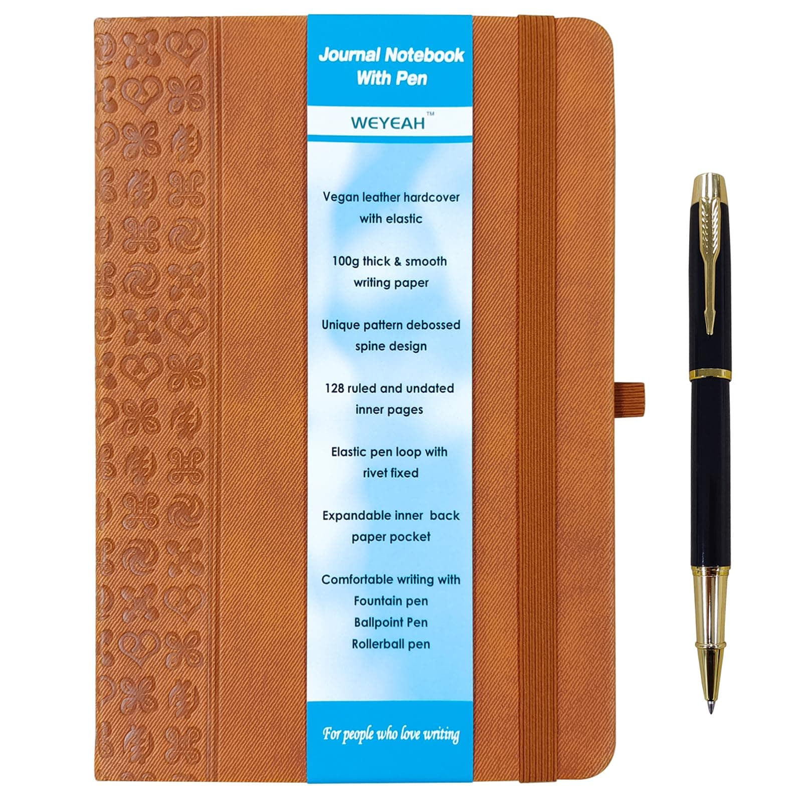 A5 Hardcover Journal Notebook With Rollerball Pen, 100g Thick & Smooth Writing Paper, 128 College Ruled or Medium Ruled Notes Pages, 8.5 inches x 5.7 inches Mediume Size Lined Notebook (brown)