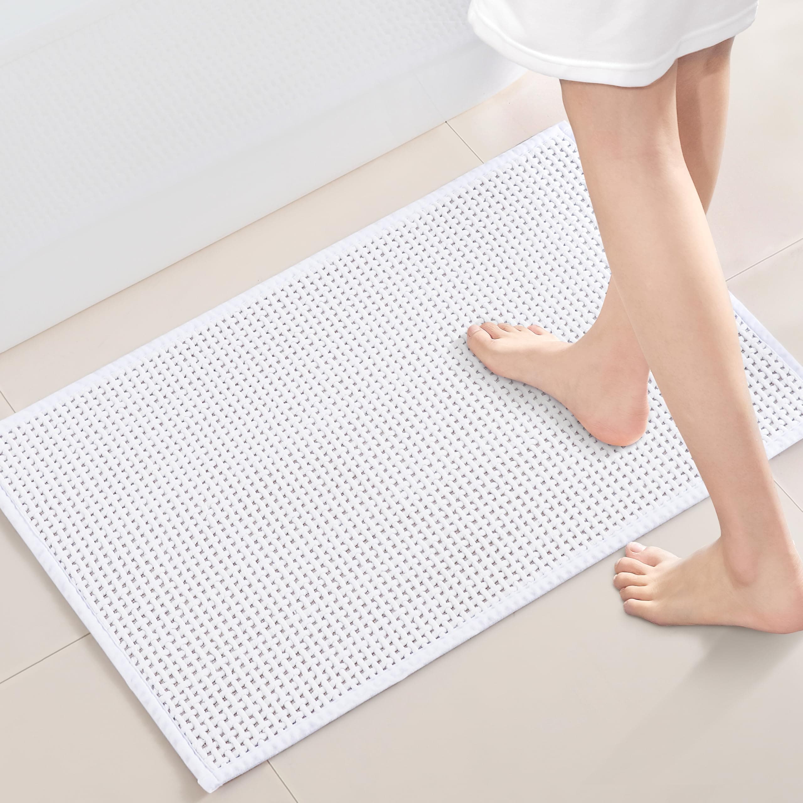 Washable Bathroom Rugs: 32x20 White Bath Mat – Non Slip Chenille Bathmat for Bathroom Floor & Shower