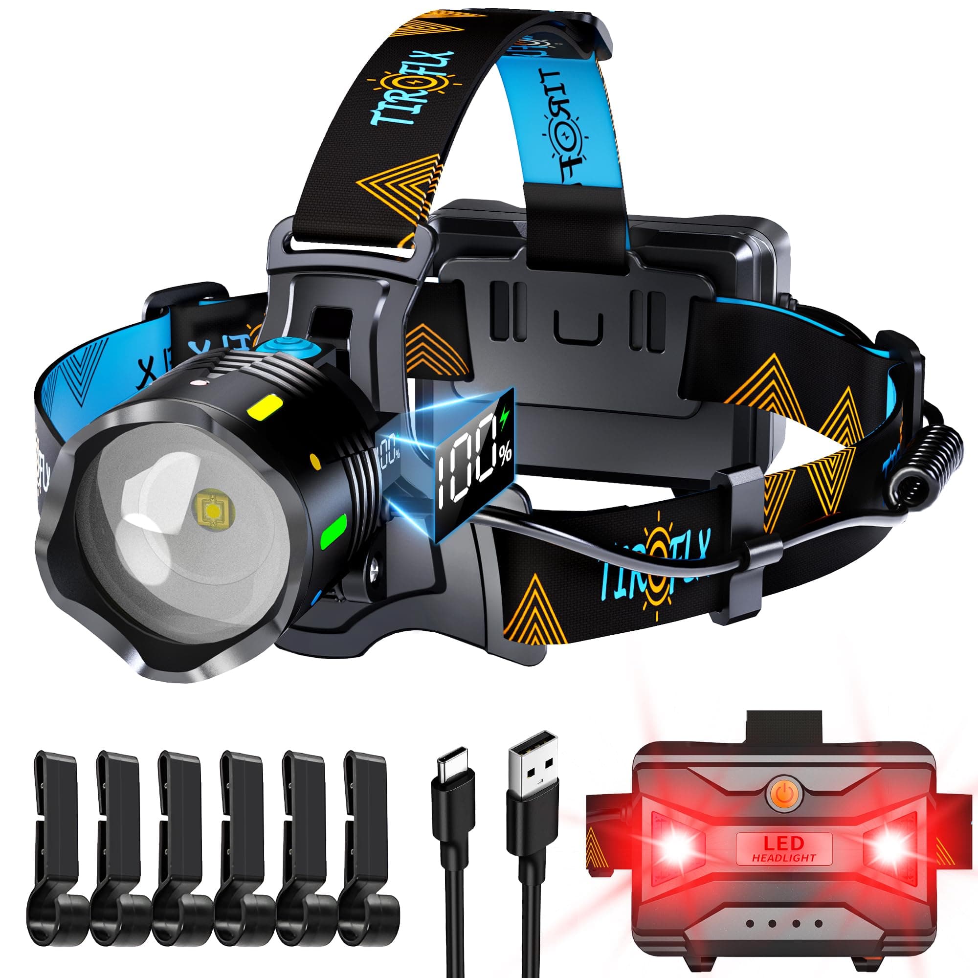 12 Modes 210000 Lux Headlamp Motion Sensor Red Warning Zoomable Energy Saving, More Than 30Dys Standby Head Lamp, IP65 Waterproof and 125° Angle for Camping Outdoor Hardhat