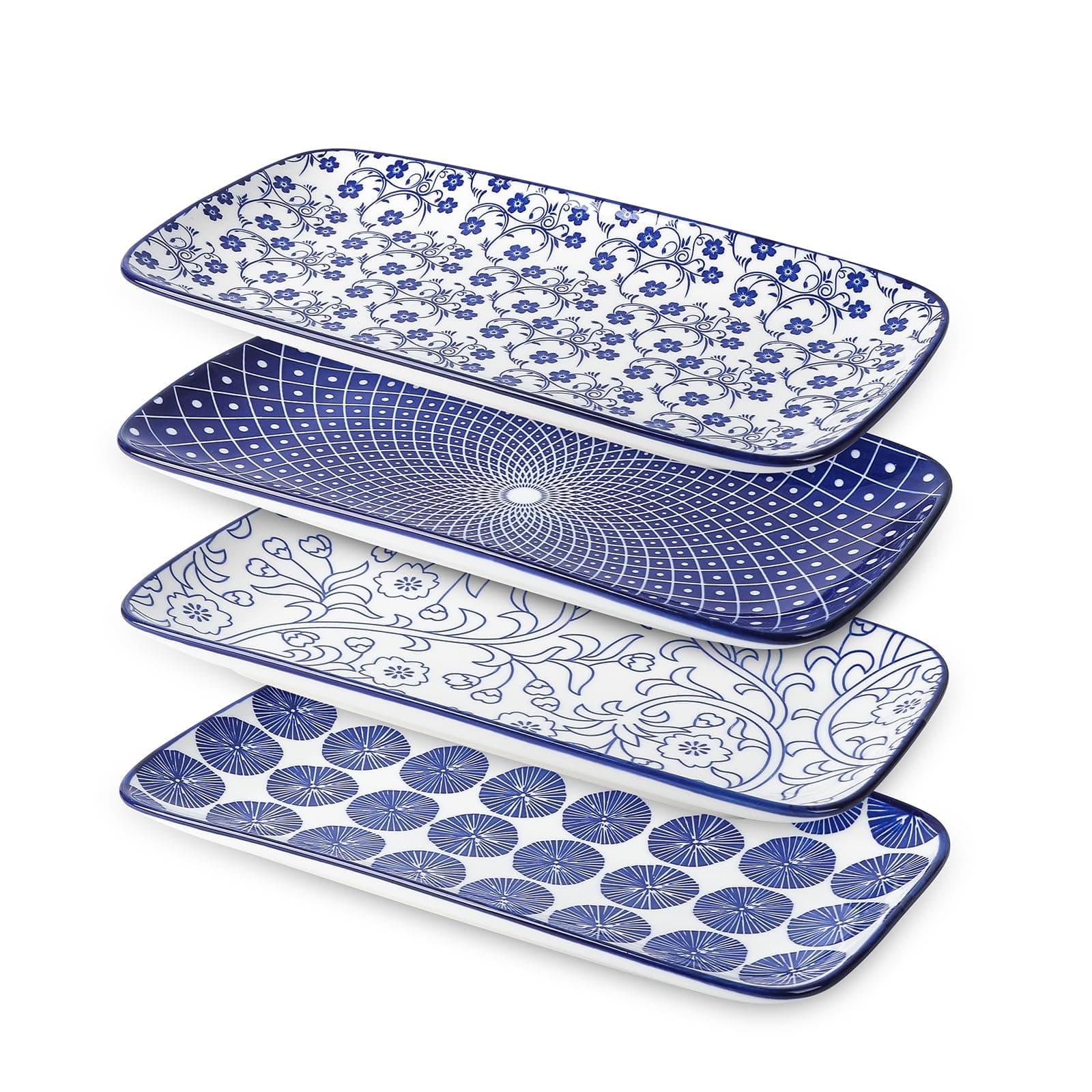 Selamica Ceramic Rectangular Serving Platters Set of 4, 12 Inch Serving Trays/Dishes for Party Entertaining, Rectangular Dinner Plates for Appetizer Salad Dessert Sushi, Vintage Blue