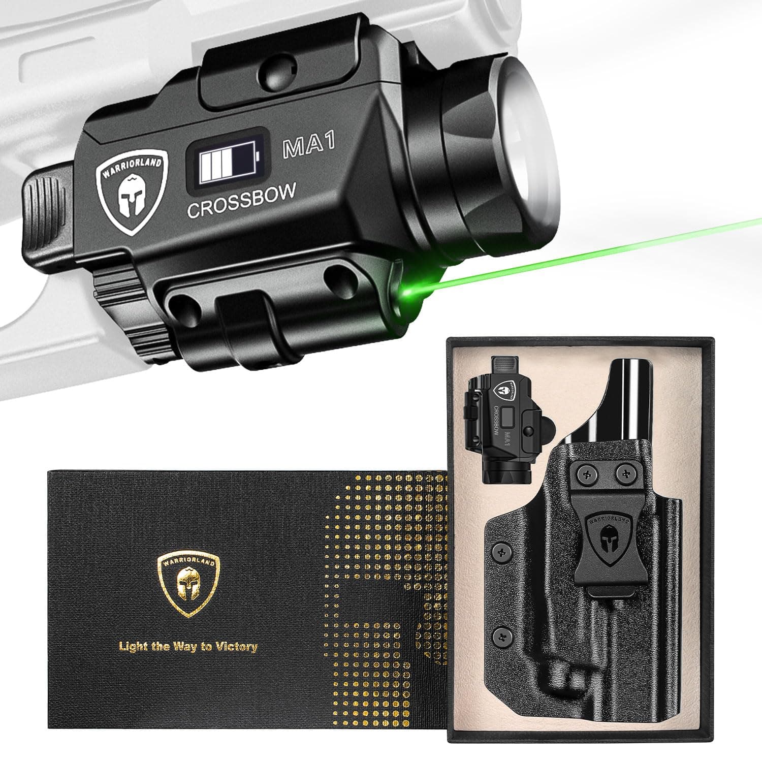 WARRIORLAND Universal Light Laser Holster Combo Compatible with Glock 17/19, Green Laser & White LED Tactical Light, Magnetic USB Rechargeable Flashlight-Screen Displays Battery Status, Crossbow MA1