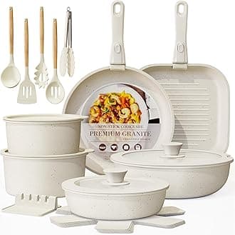 23 Pcs Pots and Pans Non Stick Ceramic Cookware Set Detachable Handle, RV Stackable Kitchen Cooking Set Removable Handles, Oven Safe, Induction Ready, Cream White