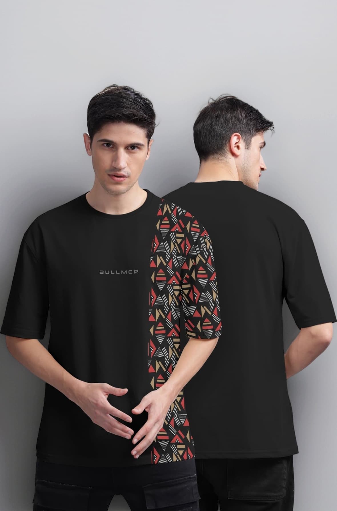 Beige Front and Back Printed/Colourblock Baggy/Oversized Tshirt for Men