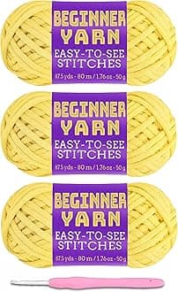 3x50g Beginners Light Yellow Yarn, 260 Yards Light Yellow Yarn for Crocheting Knitting, Easy-to-See Stitches, Worsted Medium #4, Chunky Thick Cotton Nylon Blend Yarn Yarn for Crocheting