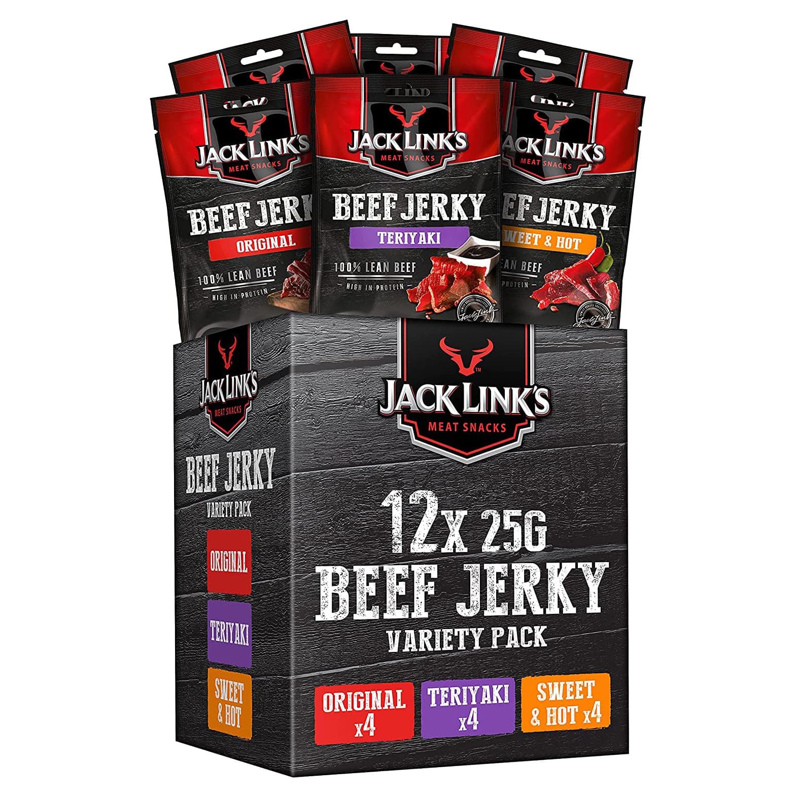 Jack Links Beef Jerky Mixed Case Variety Pack, x4 Sweet and Hot, x4 Teriyaki, x4 Original, Perfect Post Gym Meat Snack