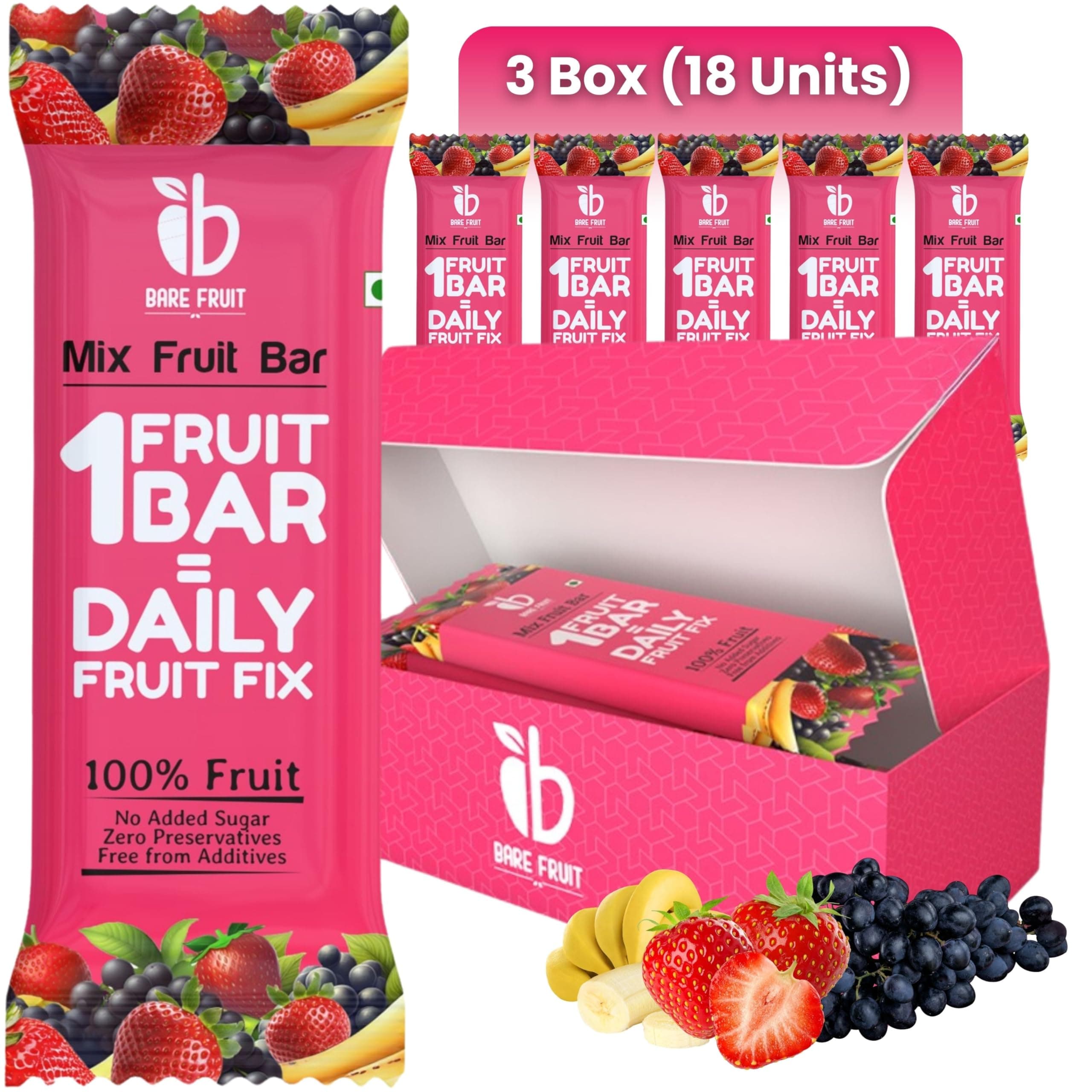 Barefruit 100% Mix Fruit Bar|Healthy Breakfast Diet Energy Snacking Bar For Kids & Adults|Plant Based Protein & Fibre- Rich In Vitamin A,C|No Added Sugar,Zero Preservatives (Pack of 3 (18 unit)),200 G