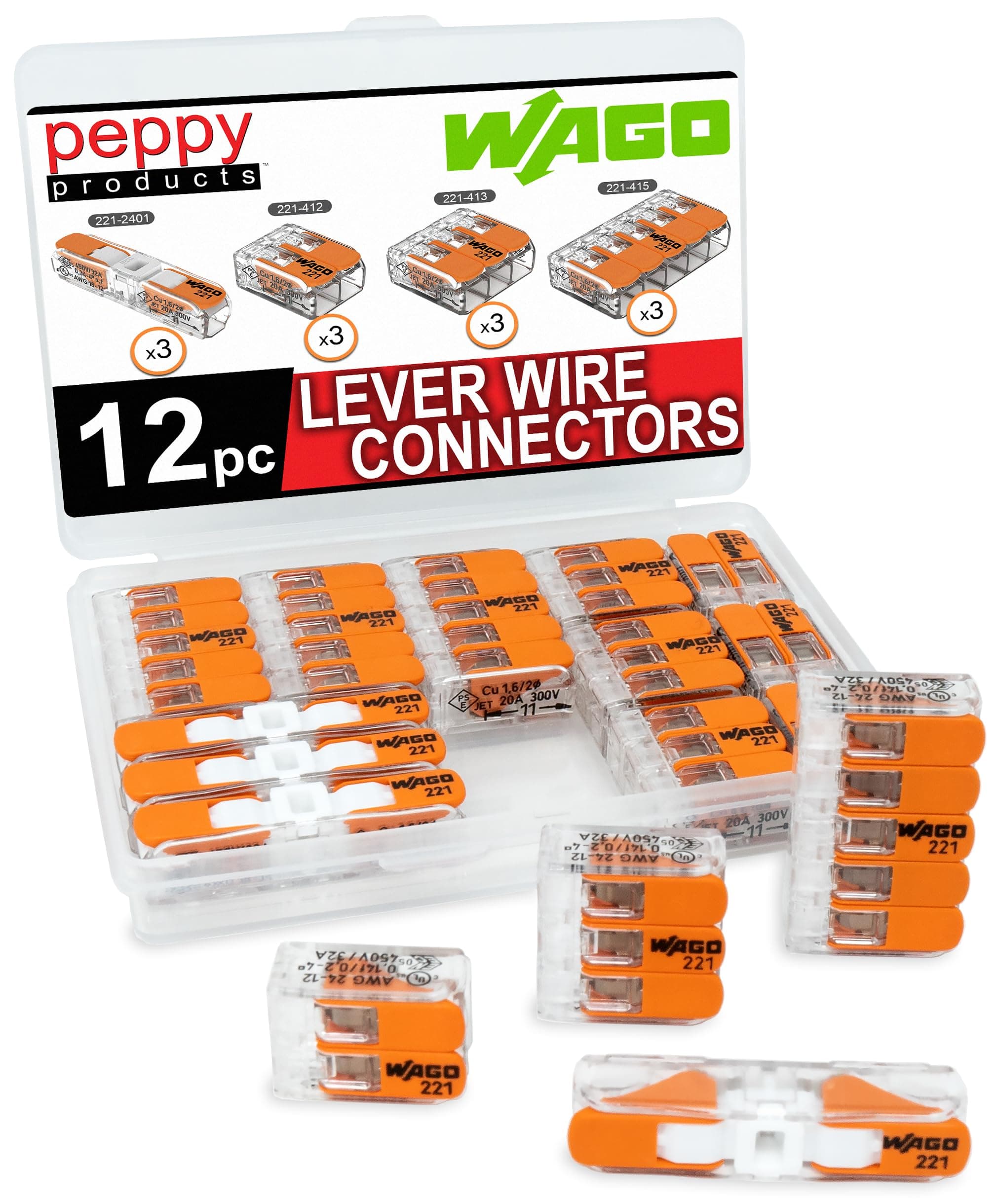 WAGO 221 Lever Nuts 12pc Compact Splicing Wire Connector Assortment with Case | Includes 221-2401, 221-412, 221-413, 221-415