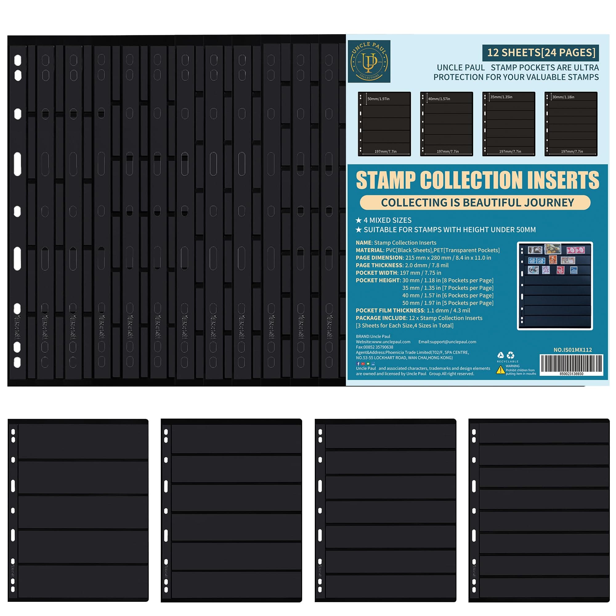 Postage Stamp Sleeves - 12 Sheets/24 Pages Stamp Collecting Inserts Double-sided 5/6/7/8 Rows for Stamp Collection Binder IS01MX112
