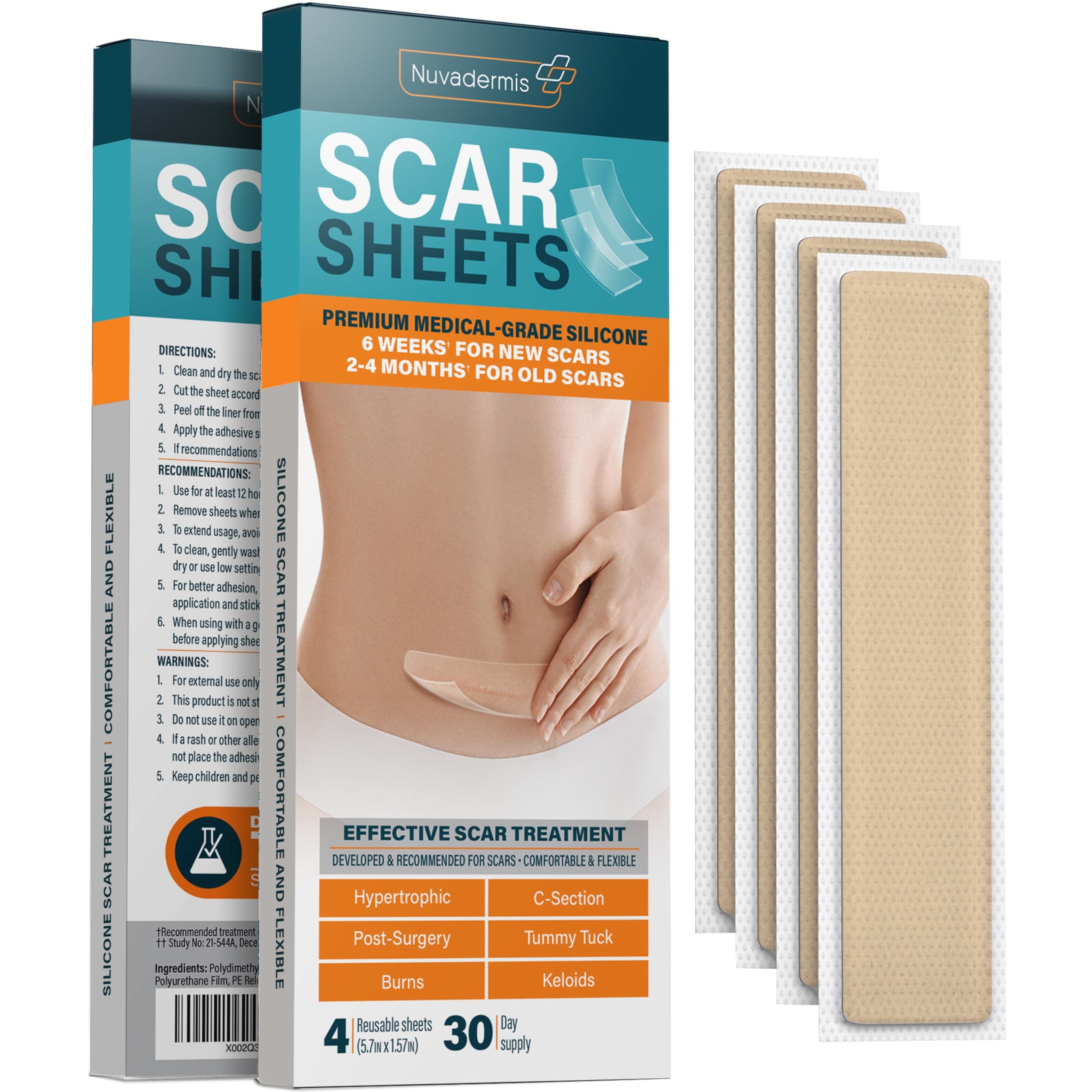 NUVADERMIS Silicone Scar Sheets - Extra Long Scar Sheets for C-Section, Tummy Tuck, Keloid, and Surgical Scars - Reusable Medical Grade Silicone Scar Sheets - Pack of 4 - Light Tone