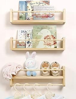 Maxpeuvon Nursery Floating Shelves for Wall, Set of 3 Book Shelves Natural Wood Wall Mounted Organizer with Towel Bar Hanging Bookshelves Nursery Decor for Kids Room, Bedroom and Kitchen
