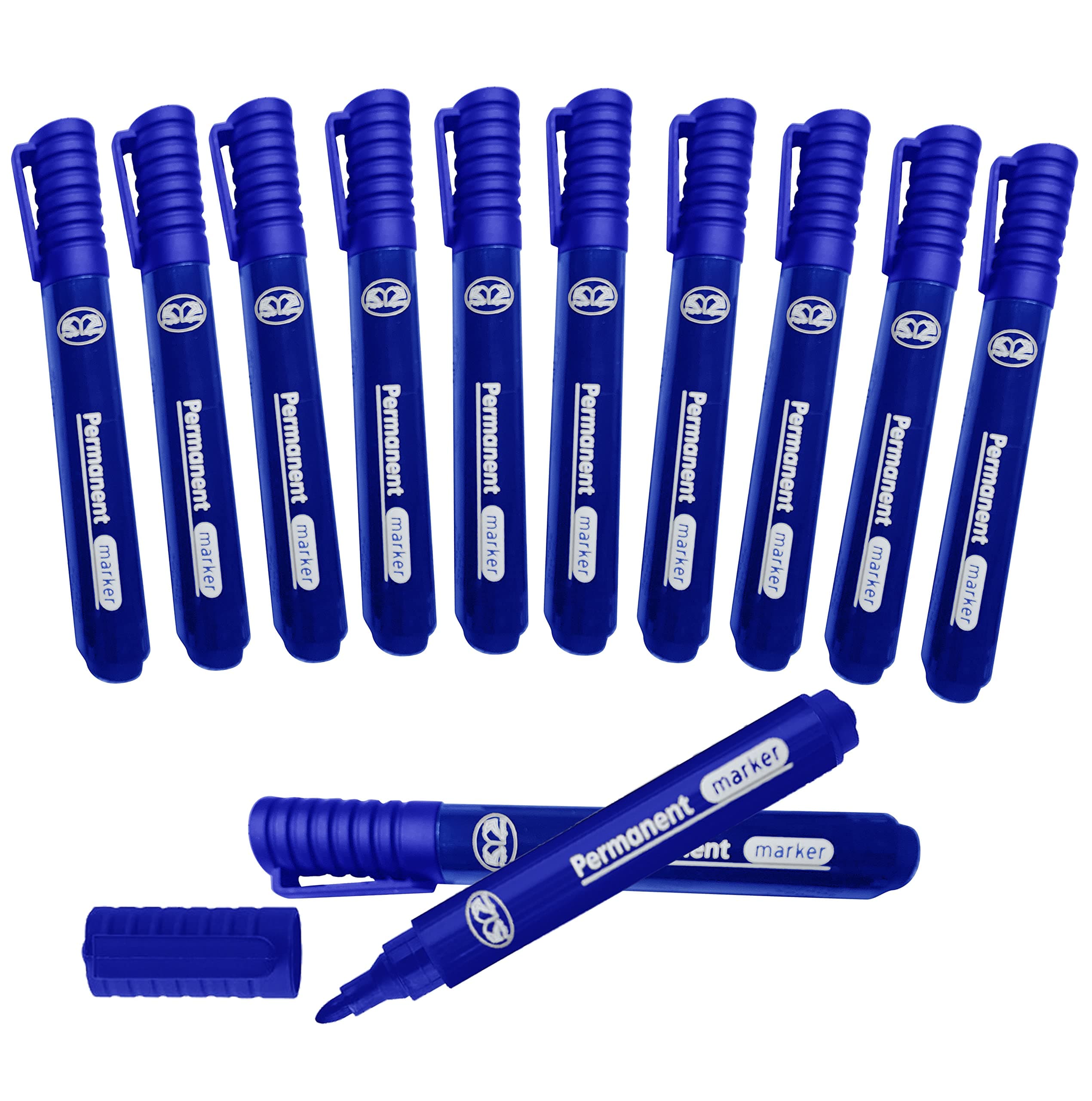 JMS we create smile [𝐏𝐚𝐜𝐤 𝐨𝐟 𝟏𝟐] 𝐁𝐥𝐮𝐞 Permanent Markers Bullet Tip -Perfect on Plastic, Wood, Stone, Metal and Glass for Doodling, Colouring, Marking, Office School Supplies