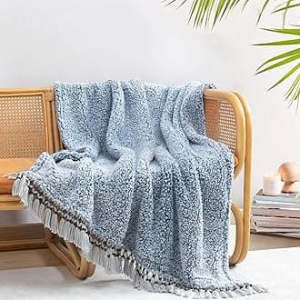 Ultra Soft Cozy Sherpa Throw Blanket, Light Weight Warm Decorative Throw Blanket with Tassel, 2 Tones Ombre Navy Blue Pattern Reversible Boho Style Blanket for Sofa, Couch, Bedroom,Travel, 50”x60”