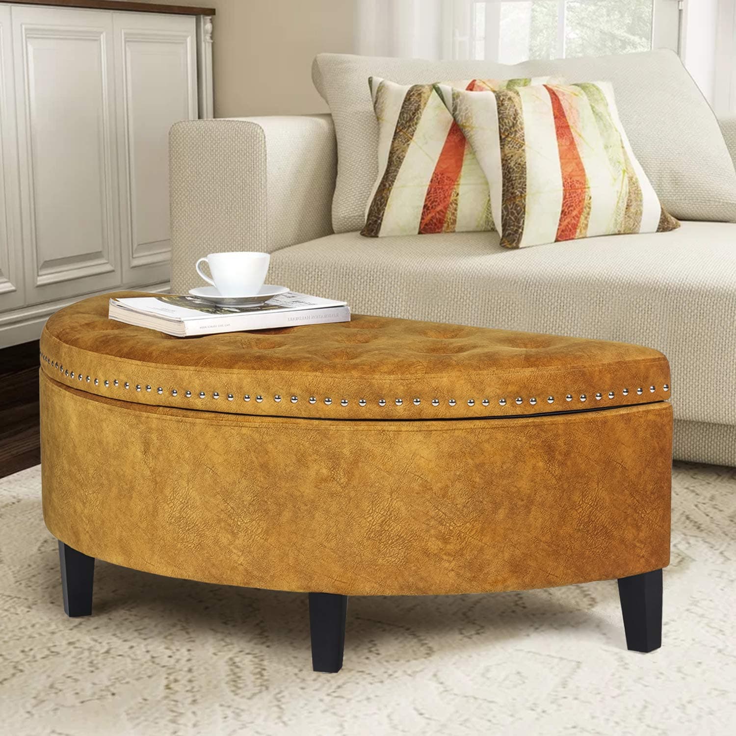 Joveco Storage Bench Half Moon Button Tufted Ottoman Toy Chests & Storage Room Organizer for Bedroom Entryway (DarkOrange)