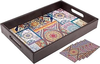 Birch & Co. Wooden Tray For Serving-Free 4 Coasters-10 Inch X 15 Inch-Serving Tray-Tray Set For Decoration-Tea Trays-Big Coffee Tray-Premium Mdf Trey-Wooden Serving Trays-Resin Tray,Round