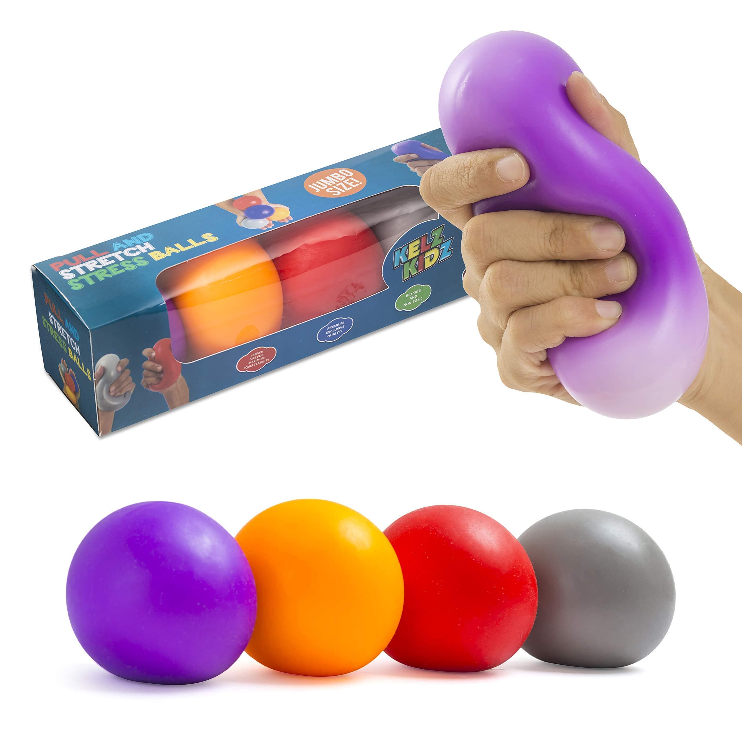 Durable Jumbo Pull and Stretch Stress Squeeze Ball (4 Pack) - Great and Fun Squishy Party Favor Fidget Toy - Excellent Sensory Relief for Tension and Anxiety!…