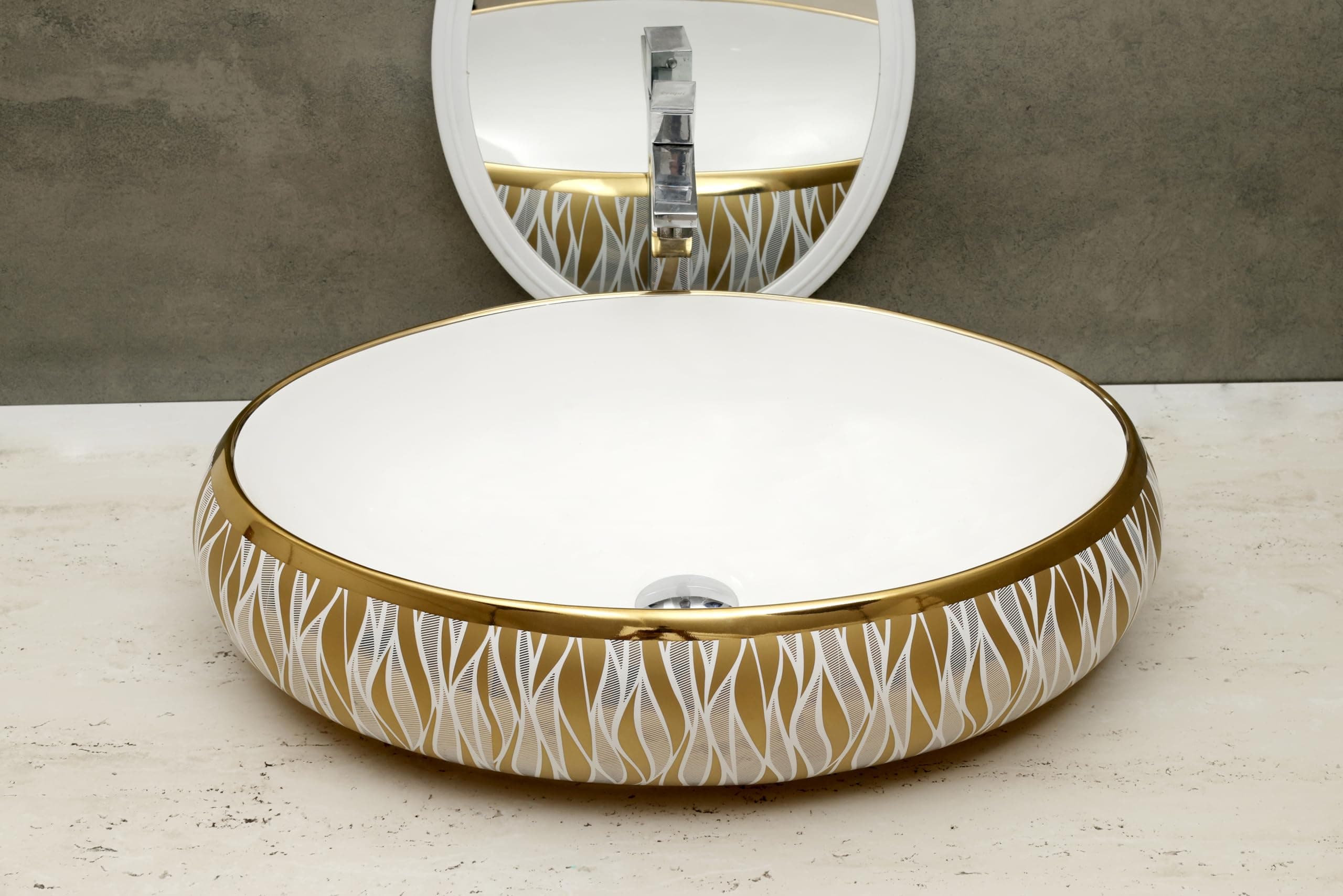 HISRE Designer Ceramic Table Top Sink Basin for Bathroom | Over Counter Wash Basin for Living Room | Washbasin Countertop (24 x 17 x 5.5 Inch) (Style - 5) G2207