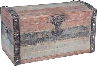 Small Wooden Storage Trunk, Weathered Wood with Paint Finish, Hinged Lid with Metal Accents