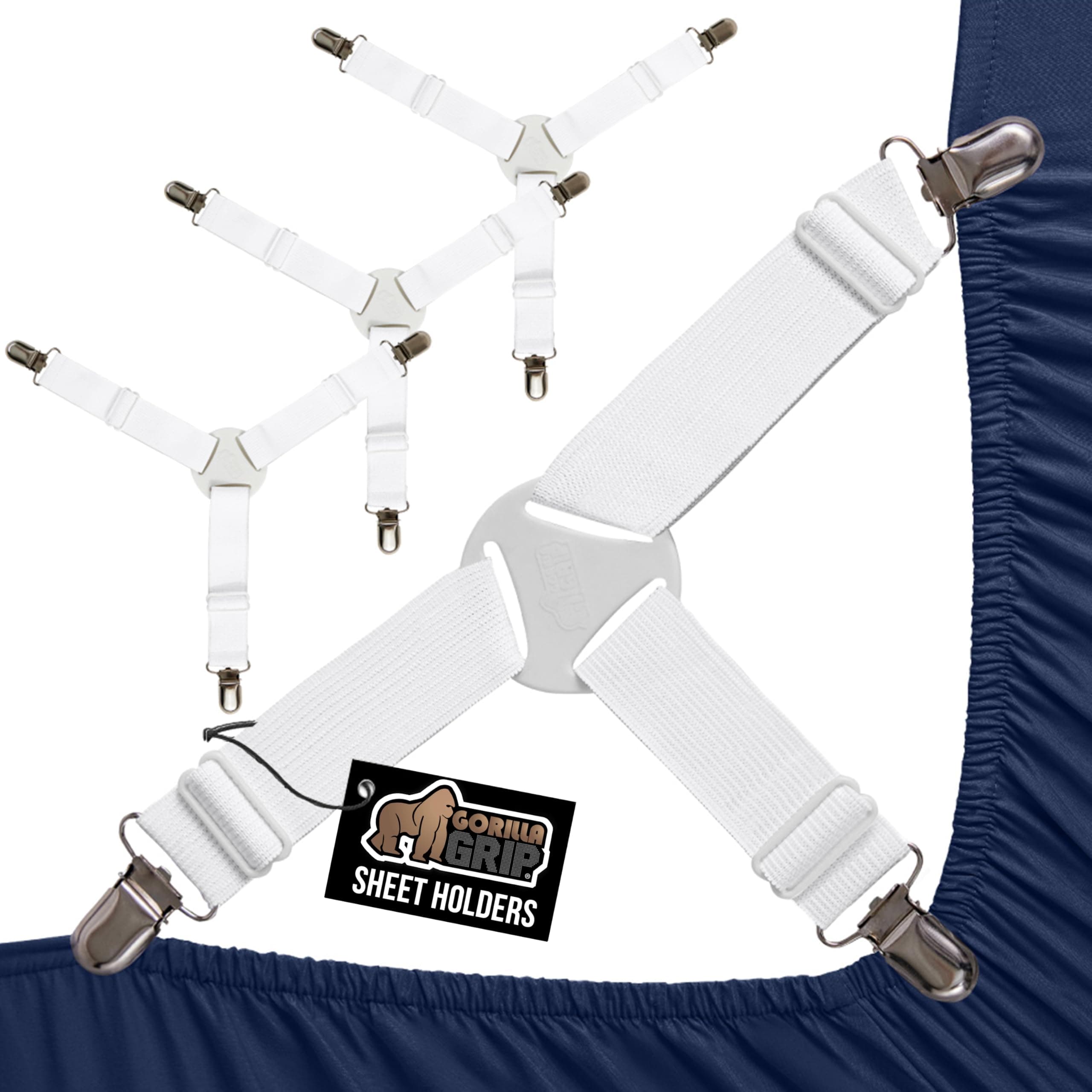 Gorilla Grip Bed Sheet Straps, Adjustable Elastic Fasteners with Metal Clips, Keep in Place Fitted Bedding Holder, Easy Install Suspenders Mattresses, Firm Tight Accessories, 4 Pack White