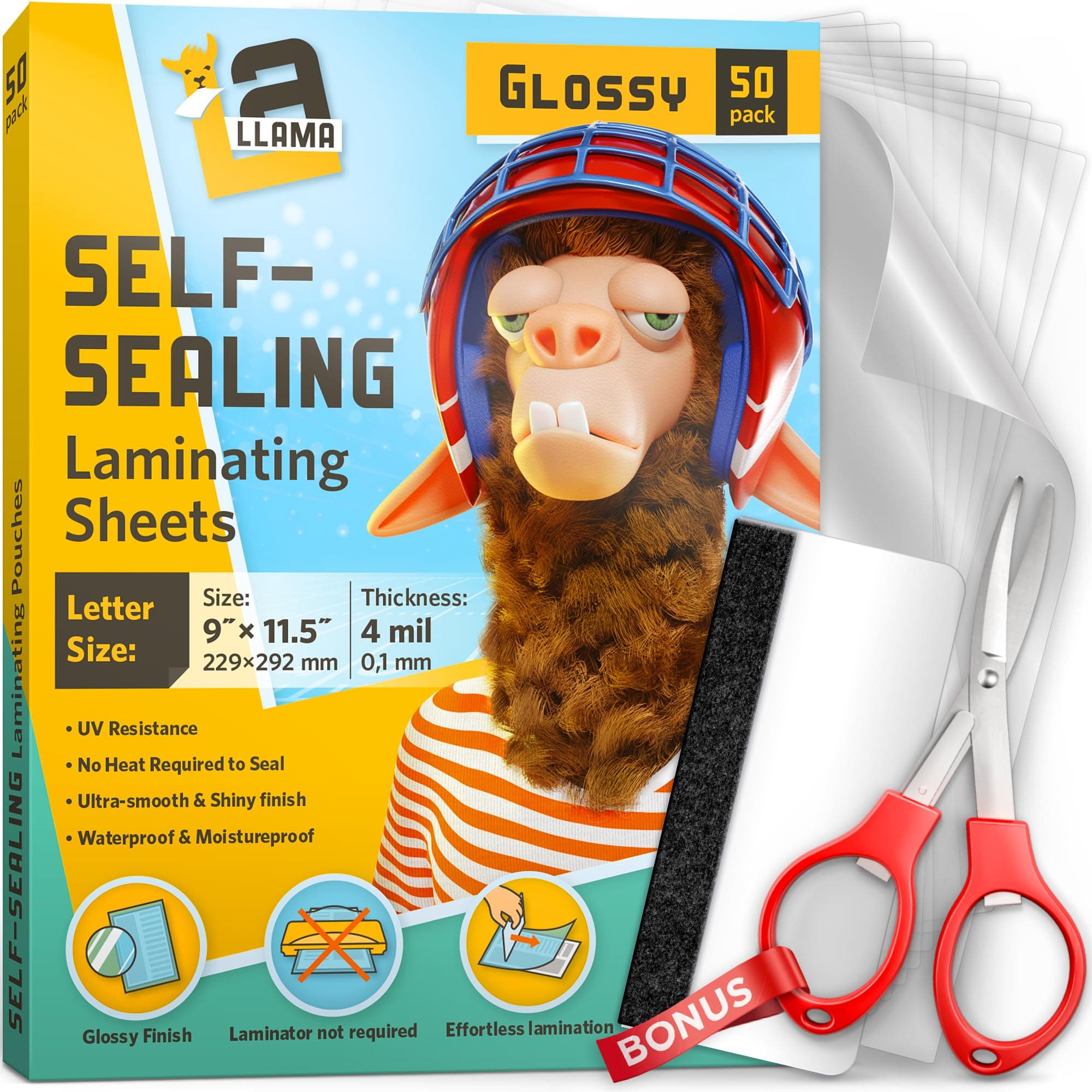 Self Sealing Lamination Sheets, 9 x 11.5 Inches, 4 Mil Thick, Suited for Letter Size Self Adhesive Laminating Sheets 8.5 x 11, 50 Pack