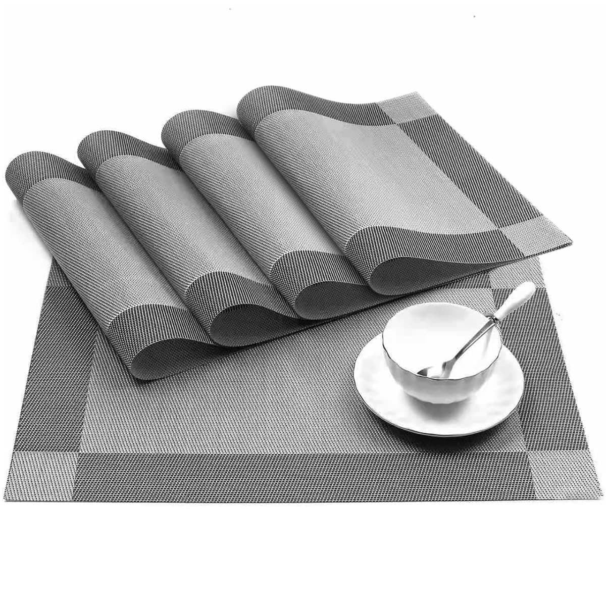 4Pcs Placemats for Dining Table 45 * 30cm Easy to Clean Plastic Washable Placemat for Kitchen Table Indoor Outdoor Table Mats Heat-resistand Washable Woven Vinyl Table Mats (Gray)