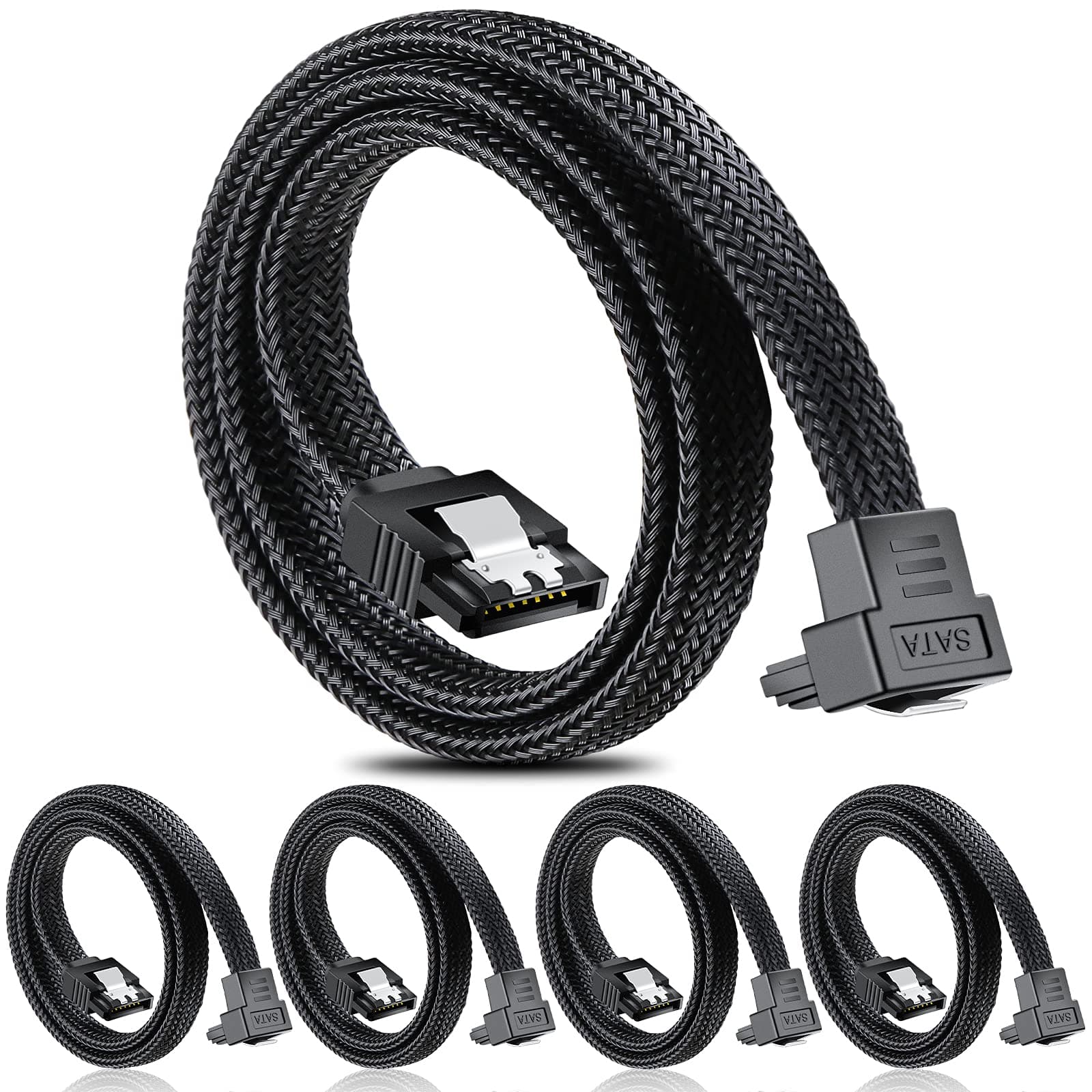 ELECTOP SATA III Cable, 6Gbps 90 Degree Right Angle HDD SDD Data Cable, SATA 3.0 Nylon Braided with Locking Latch for SATA HDD, SSD, CD Driver, CD Writer(20 Inch, Black,5 Pack)