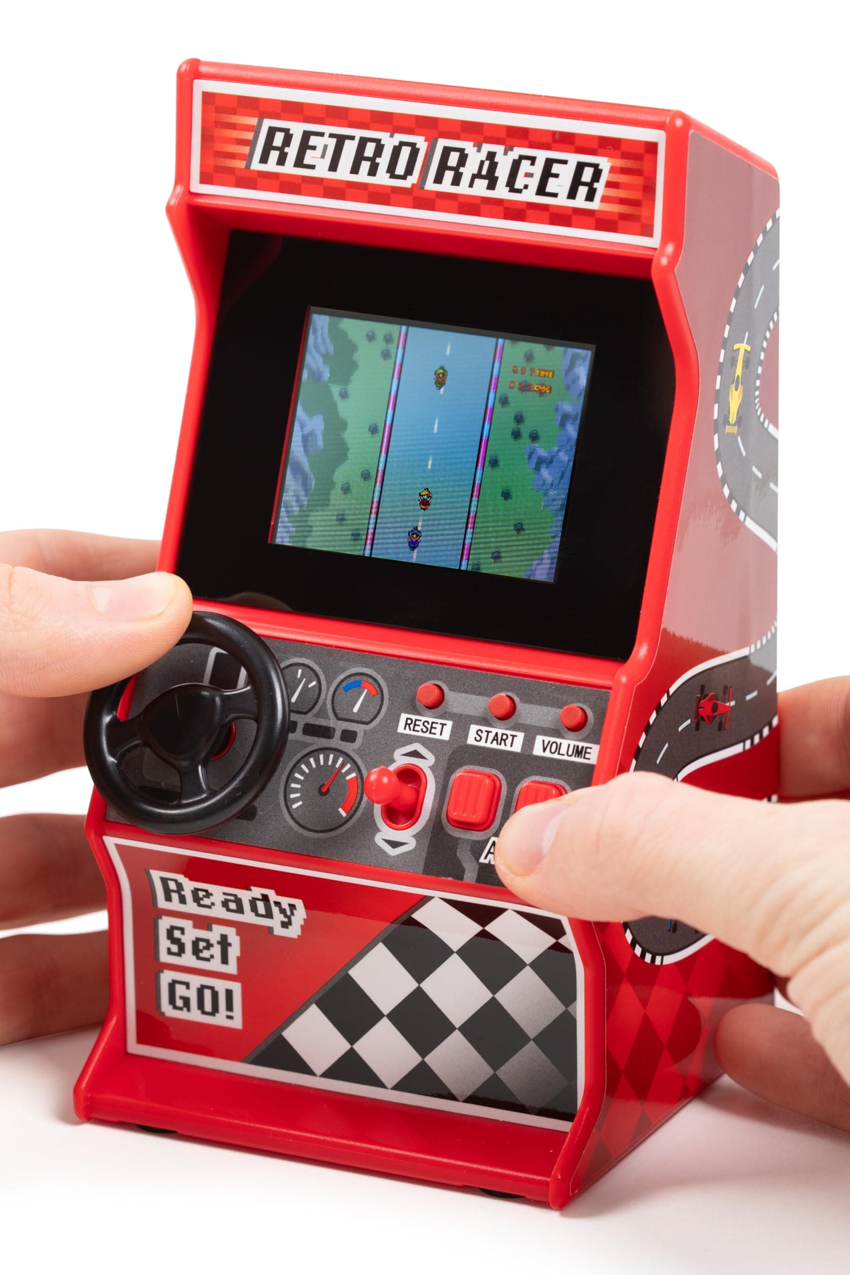 Mini Arcade Racing Machine, 30 In-Built 8-Bit Racing Games, Play Car, Bike, Boat & Skiing Games, 2.4†Full Colour Screen, Steering Wheel, Gear Stick, 2 Buttons, Volume Control - ThumbsUp!