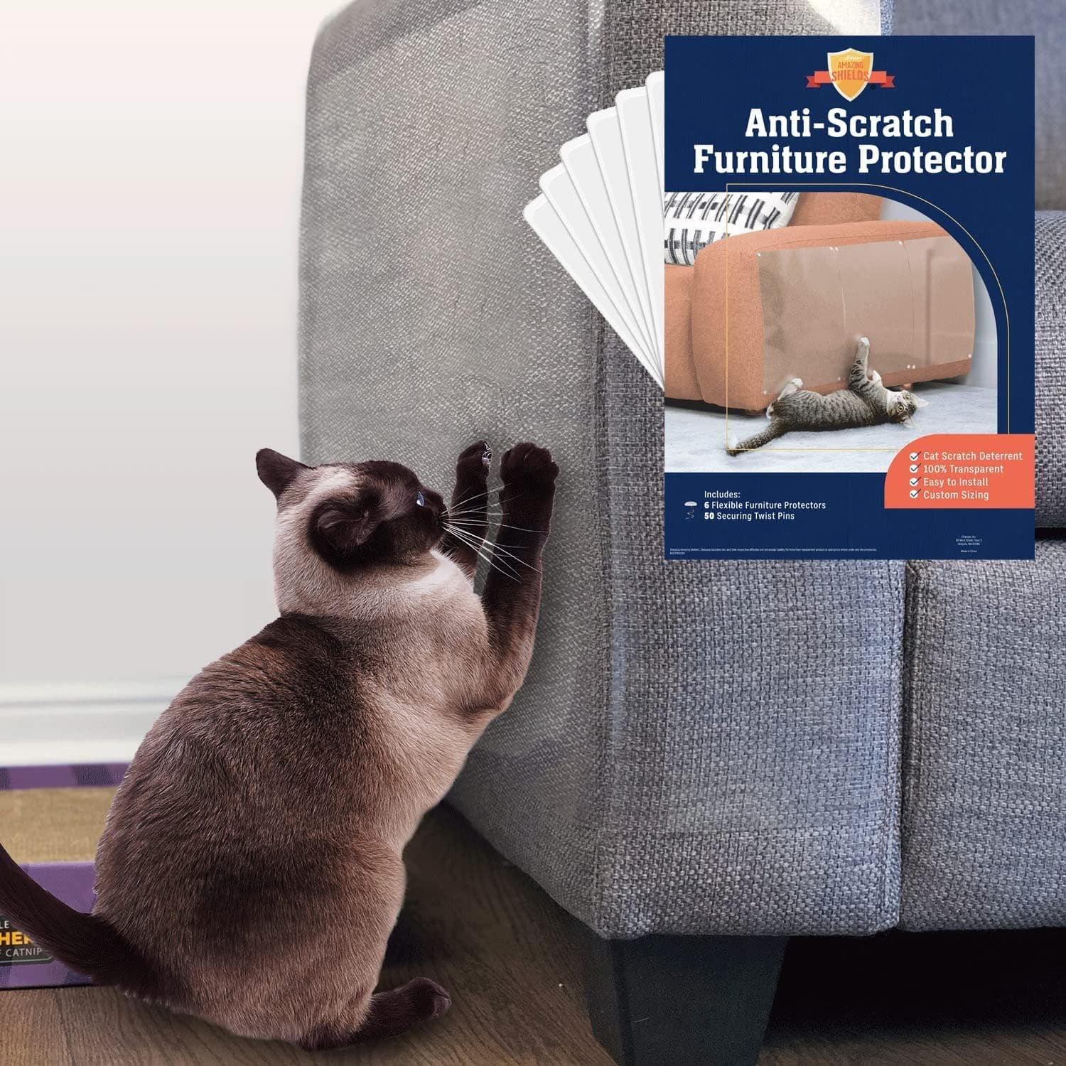 6 Pack XL Anti Cat Scratch Furniture Protector - Couch Protector from Cat Claws w/Twist Pins, Clear, Easy-to-Apply Scratching Deterrent and Shield for Sofa (Not for Leather, Velvet, Microfiber)