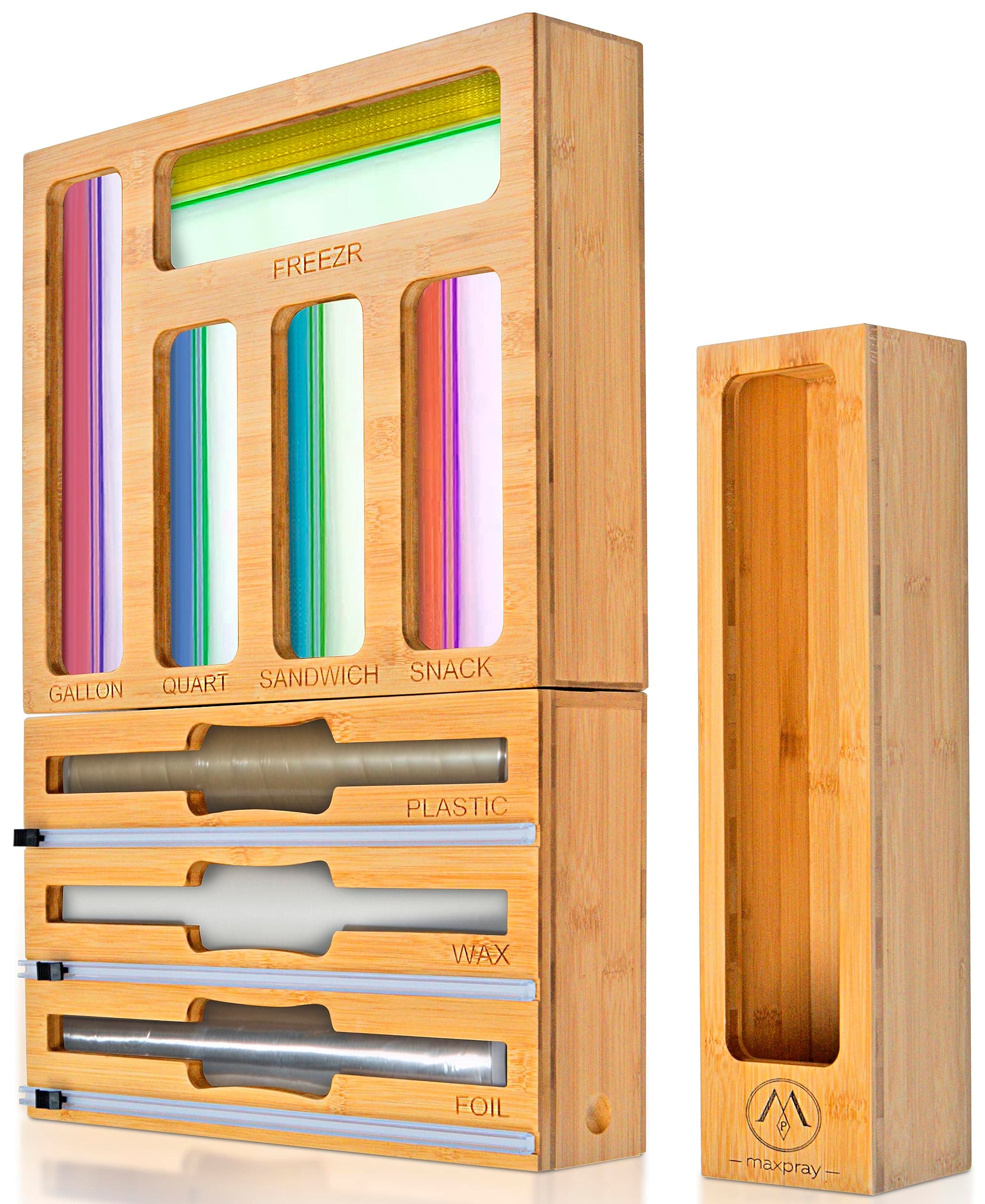 - 9 IN 1 Bamboo Foil and Plastic Wrap Organizer for Kitchen Drawer, Plastic Bag Organizer Organization and Storage, Food Storage Bag Organizer with Labels for Quart Gallon Snack Sandwich