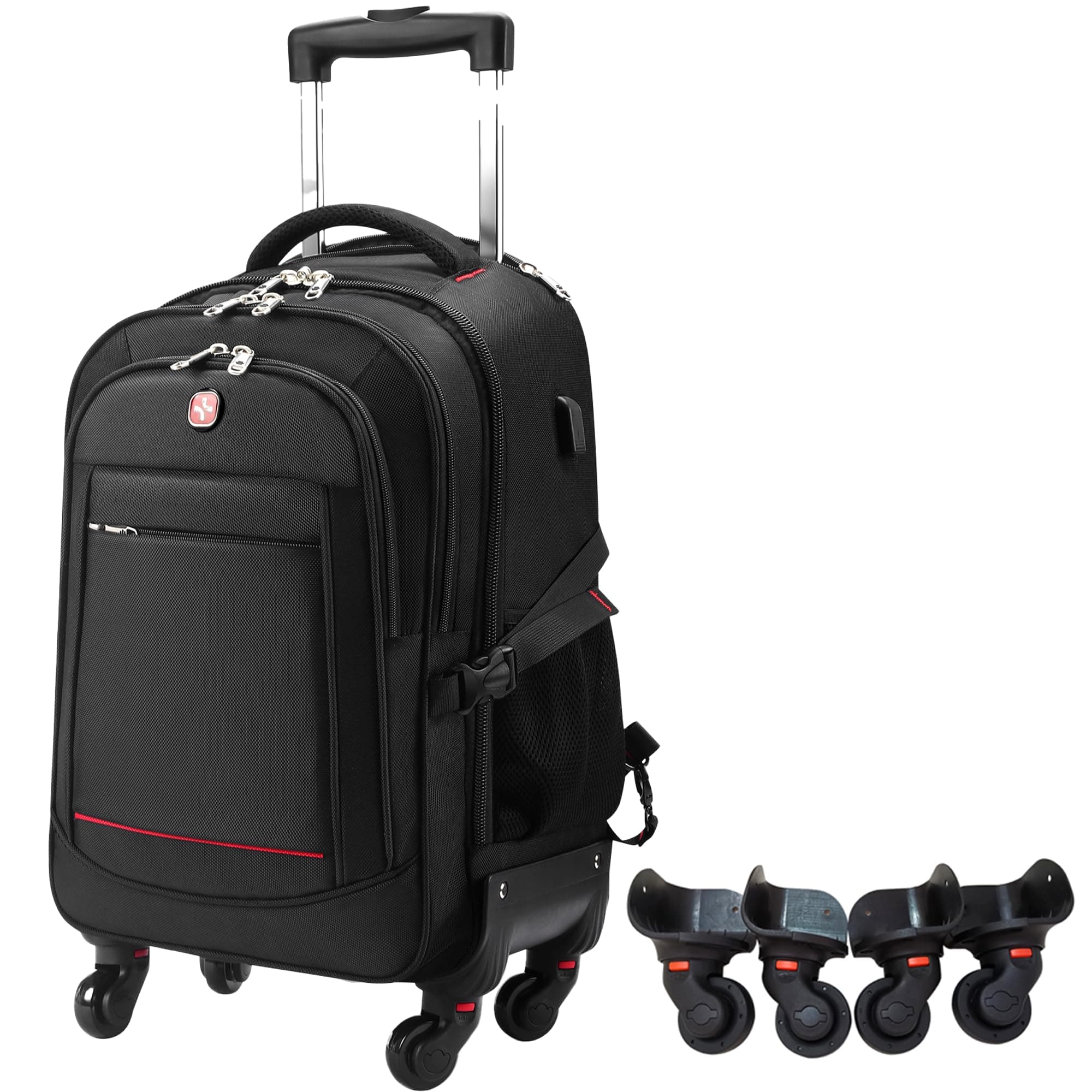 Rolling Backpack with 4 Extra Wheels - Water-Resistant, Airline Approved Underseat Travel Luggage, Ideal 18*14*8 Personal Item Suitcase, Wheeled Backpack, Roller Backpack,Rolling Laptop Bag