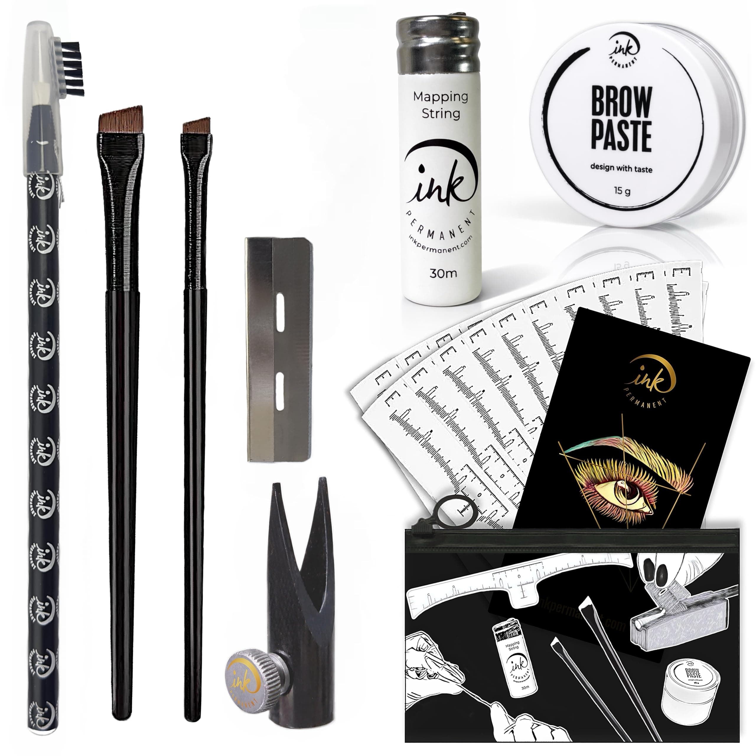 - Eyebrow Mapping Kit with 30m White Mapping String, 15g White Brow Paste, 2 Eyebrow Brush Set, Microblading Pencil for Outlining, Pencil Shaper and Blades, 20 Brow Ruler Stencils + Instructions