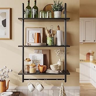 Bestier Floating Shelves for Wall, 23.6" Wall Mounted Kitchen Shelves with Towel Rack Over Toilet, Pipe Shelving Wall Decor for Kitchen Bathroom, Kitchen Bedroom Living Room, Charcoal