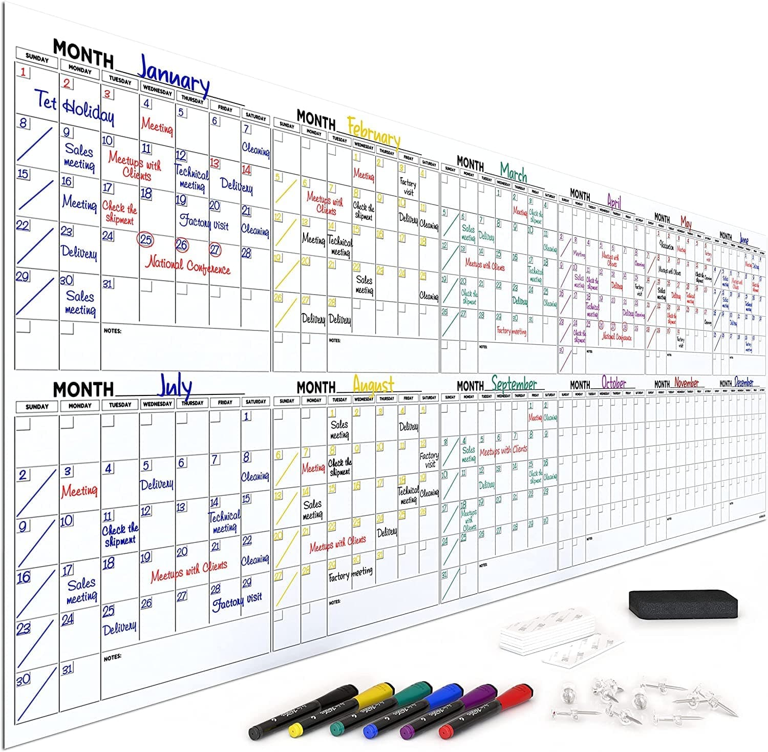 12 Month Reusable Wall Planner Includes 4 Markers 1 Eraser and L
