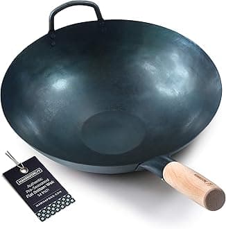 Mammafong Pre Seasoned Blue Carbon Steel Flat Bottom Wok -14 Inch Chinese Pow Wok - Traditionally Hand Hammered Woks and Stir Fry Pans