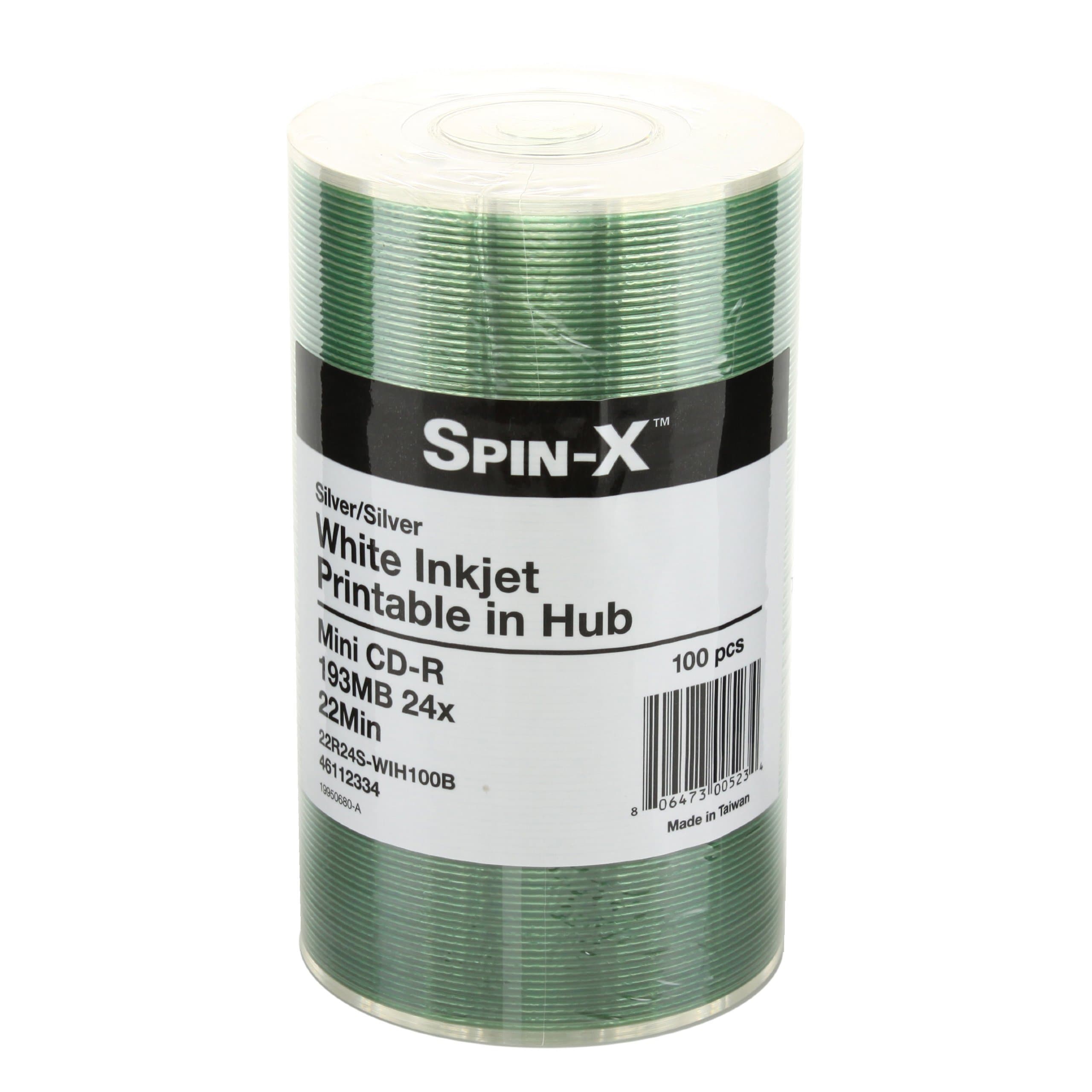 Spin-X 100 24x Mini CD-R Blank Media 22Min 193MB White Inkjet Hub