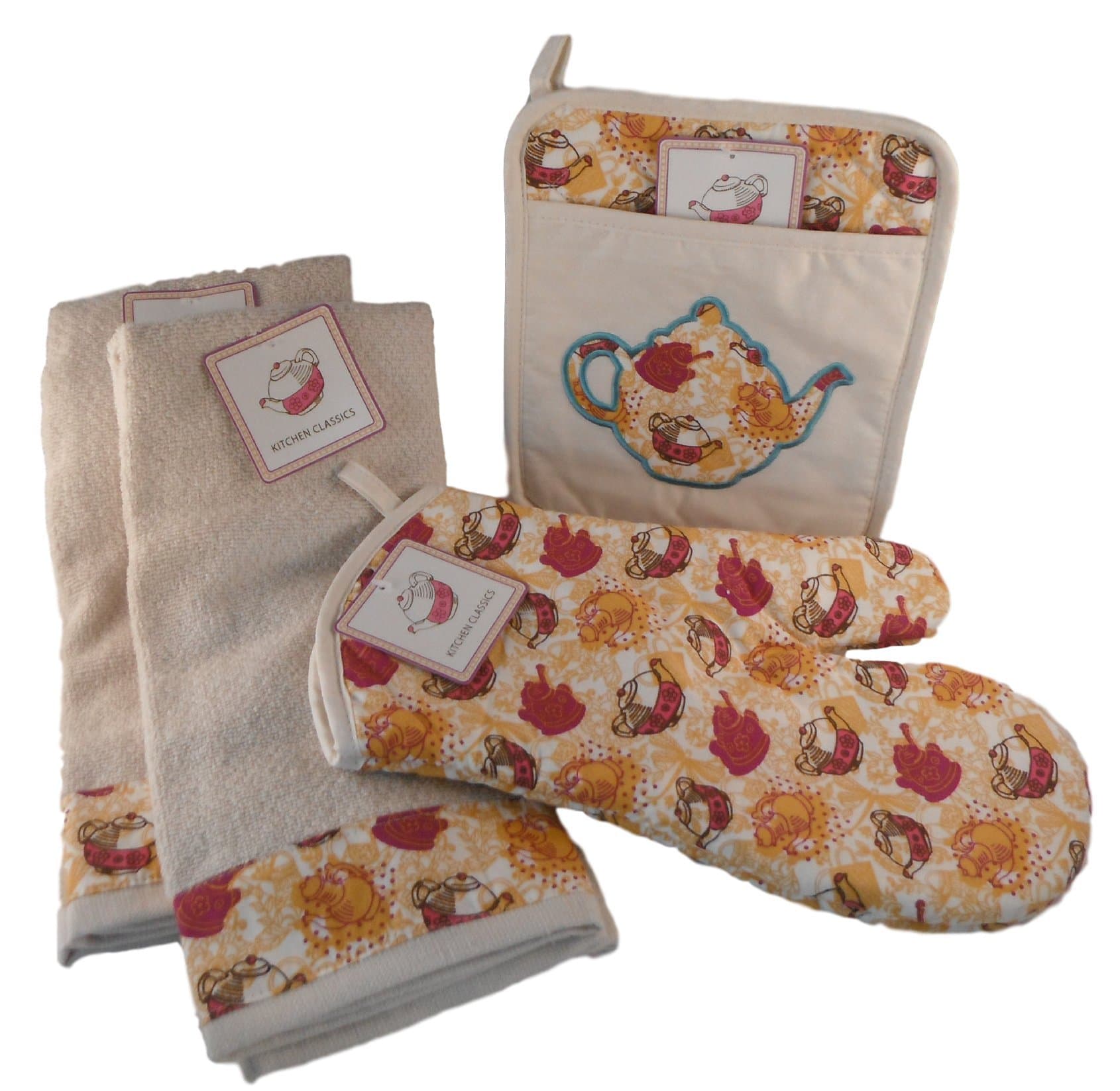 Teapot Print Dish Towel and Pot Holder Bundle - Four Items: Two Dish Towels, Pot Holder and Oven Mitt