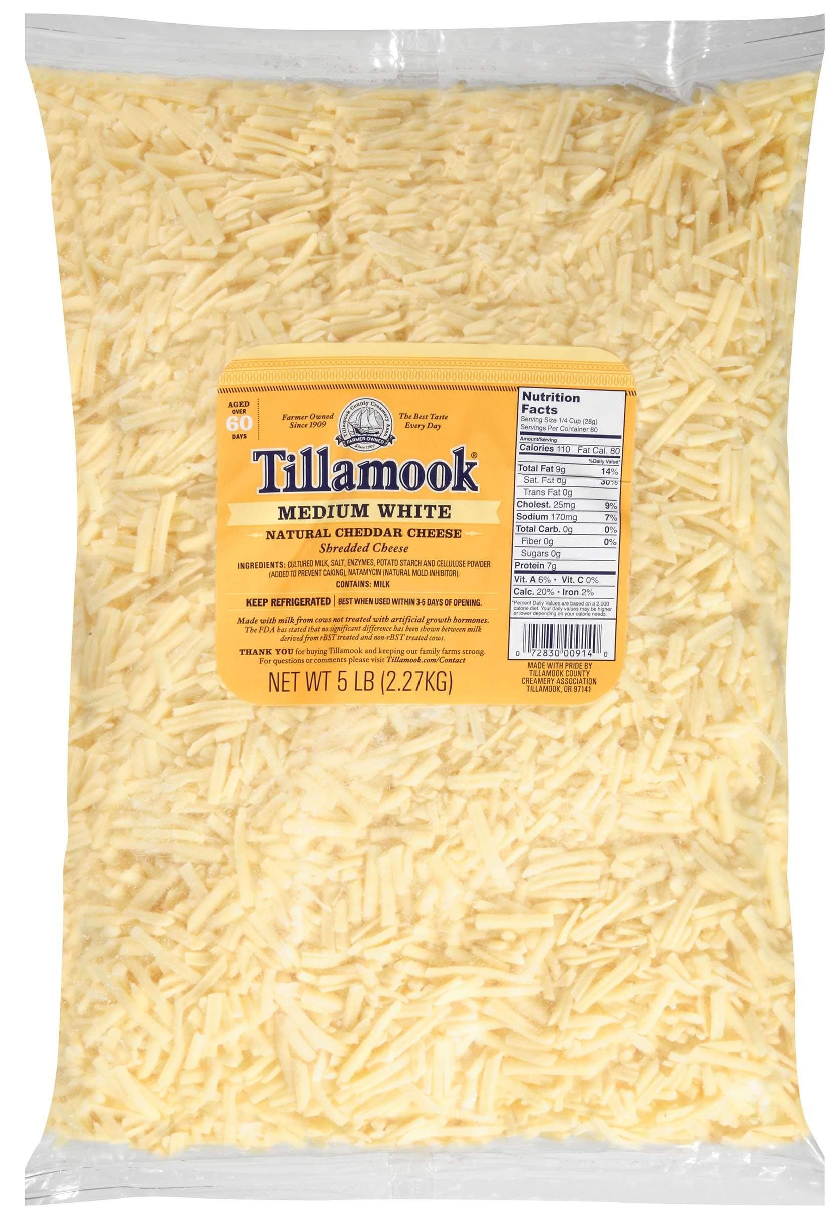 TillamookWhite Medium Shredded Cheddar Cheese, 5 Pound - 5 per case.