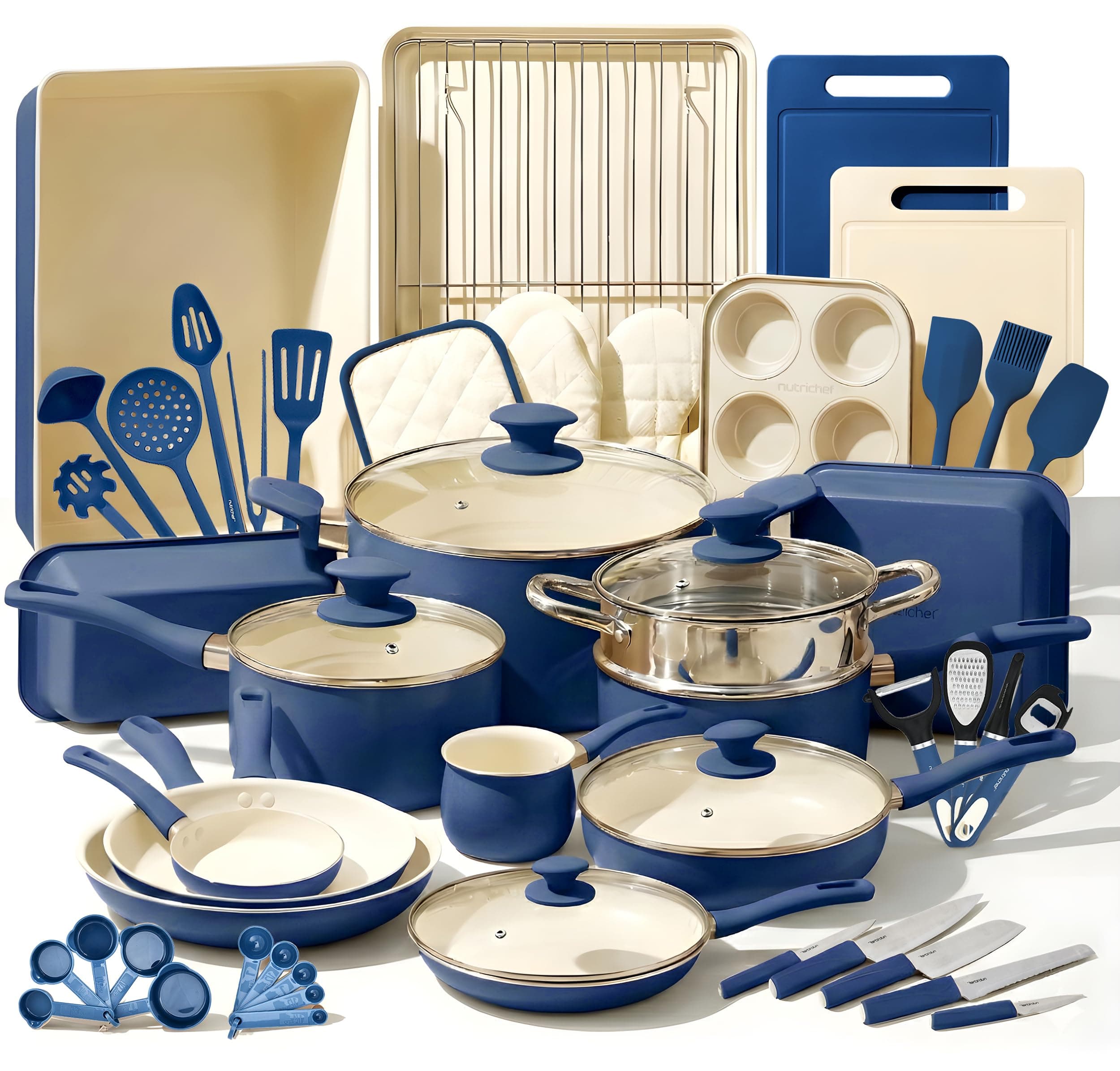 Nutrichef 54-Piece Marble Non-Stick Cookware and Bakeware Set - Professional Home Kitchen Collection with Multi-Sized Pots, Pans, and Heat-Resistant Tools