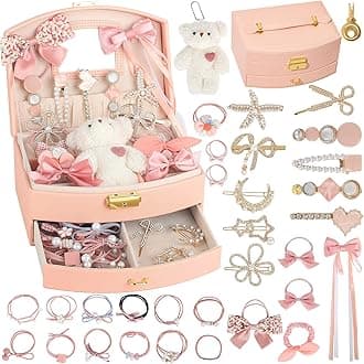 Hair Accessories for Girls，Teen Girl Gifts Including Jewelry Box/Hair Clips/Hair Barrettes/Hair Ties/Hair Bows，birthday gift for girls age 6 7 8-14（Cute Bear）