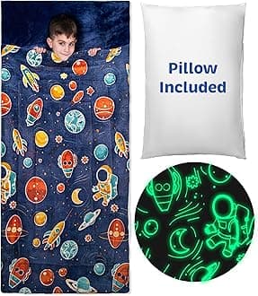 Kids Sleeping Bag for Boys & Girls - Glow in The Dark for Ages 3+, Large With Pillow Pocket, Extra Soft Toddler Blanket (66" x 33")