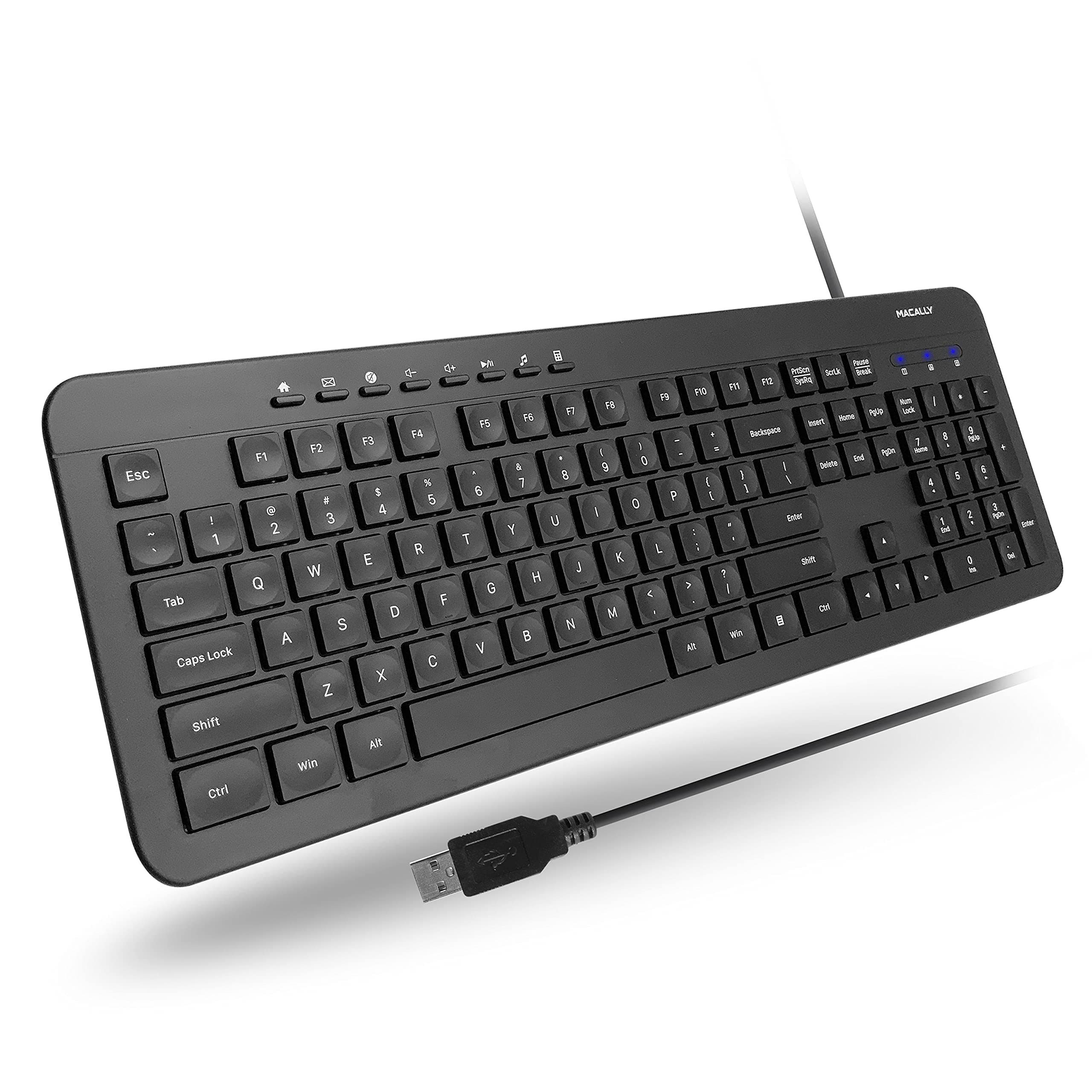 Macally USB Wired Keyboard for PC, Desktop Computer, Laptop, Notebook, ChromeBook - Ultra Slim Full Size Keyboard with Numeric Keypad - Compatible with Windows 10/8/7/Vista/XP, etc.