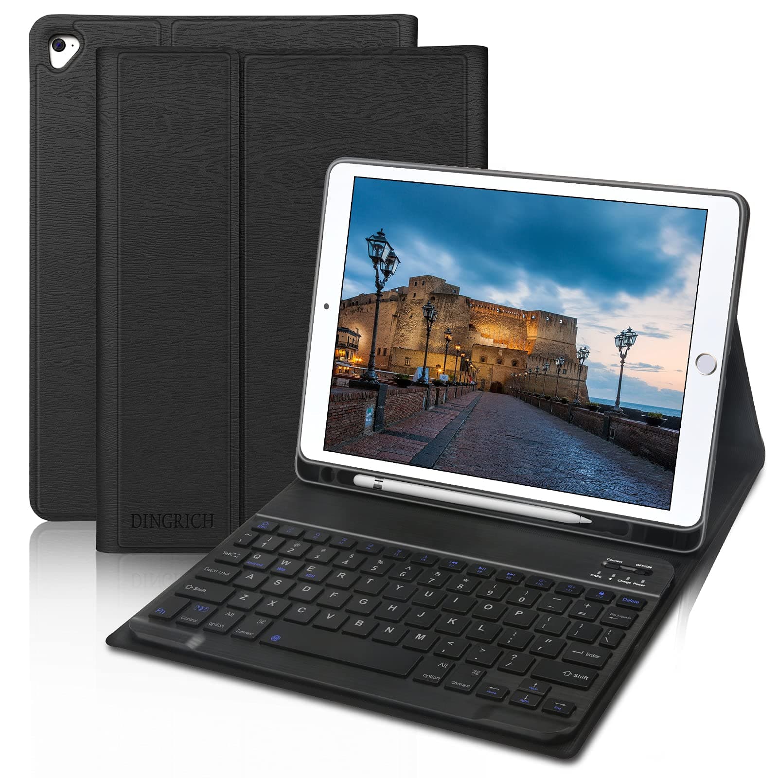 D DINGRICH iPad 9.7 Keyboard Case for New iPad 2018 (6th Gen)-iPad 2017 (5th Gen)-iPad Pro 9.7-Air 2&1, Shockproof TPU Back Cover-Pencil Holder-Magnetic Leather,Bluetooth Detachable Keyboard(Black)