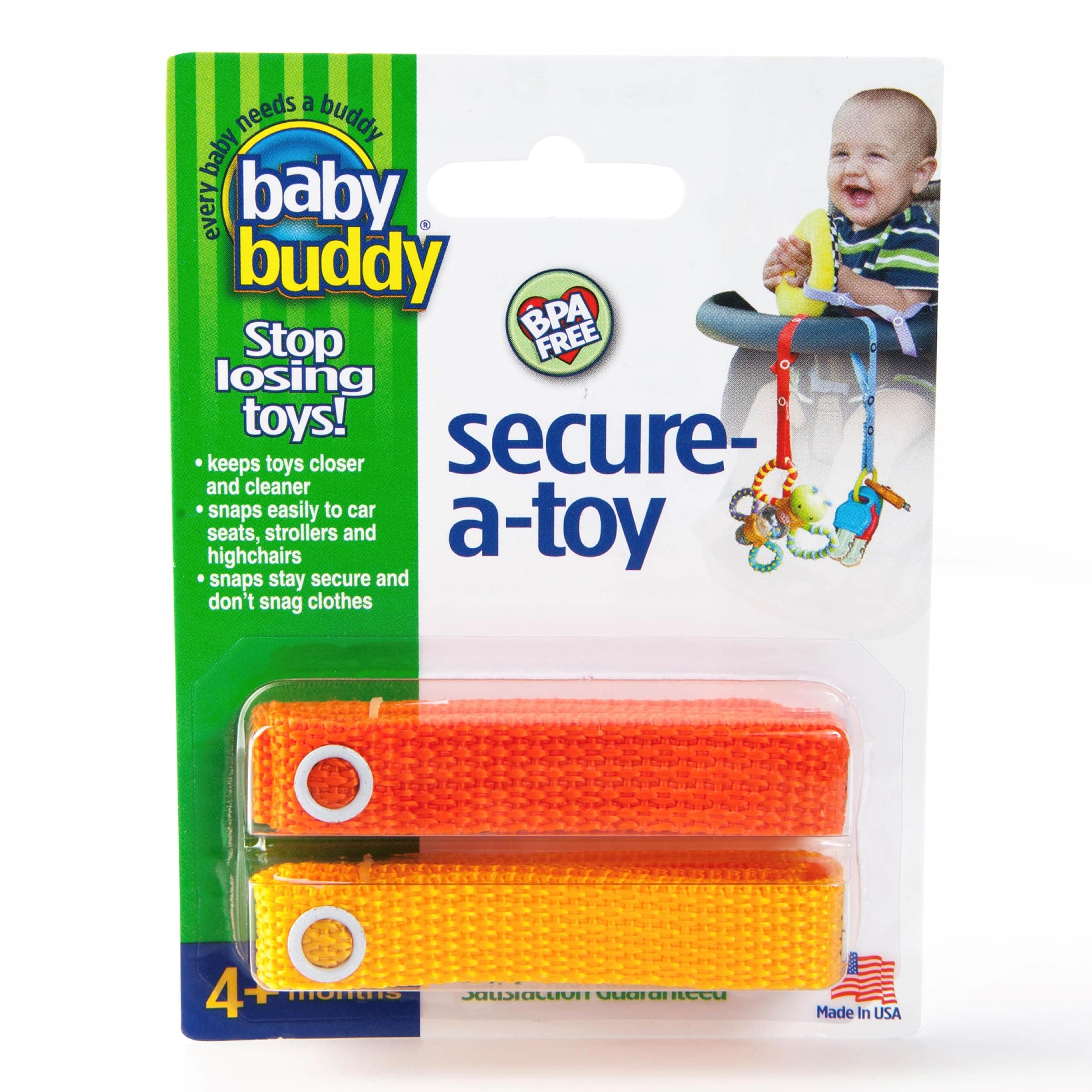 Baby Buddy Secure-A-Toy - Straps Toys, Teether, or Pacifiers to Strollers, Highchairs, Car Seats- Safety Leash With Adjustable Length to Keep Toys Sanitary & Clean, Red/Orange 2 Count