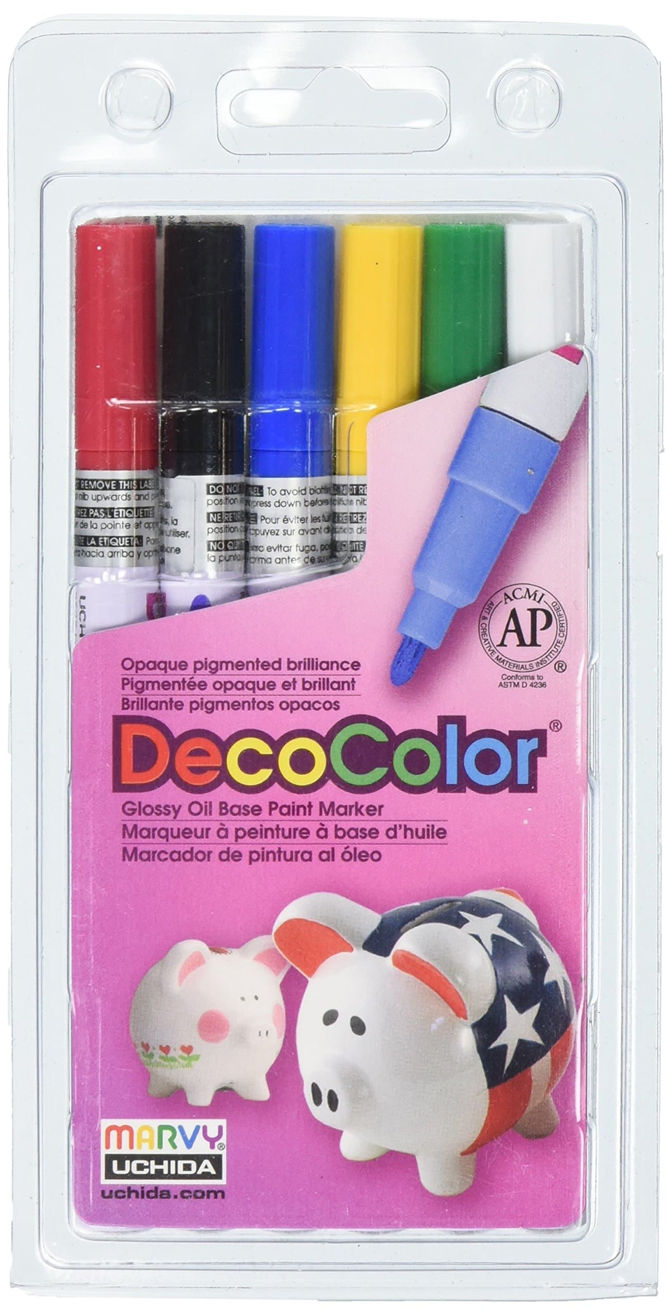 Uchida 200-6A 6-Piece Decocolor Fine Point Paint Marker Set, Red, Blue, Yellow, Green, Black, White