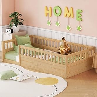 Twin Size Montessori Floor Bed, Solid Wood Playhouse Bedframe with Safety High Fence for Kids, Girls, Boys, Bedroom, Playroom, Easy Assembly & No Box Spring Needed, Natural
