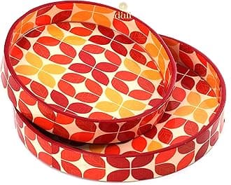 DULI Set of 2 MDF Wood Enamel Coated Multipurpose Trays| Serving Tray for Home & Dining Table | Multipurpose Tray | Water & Heat Resistant Durable| (10 * 10 & 12 * 12 Inches) (Yellow-Orange Leaves)