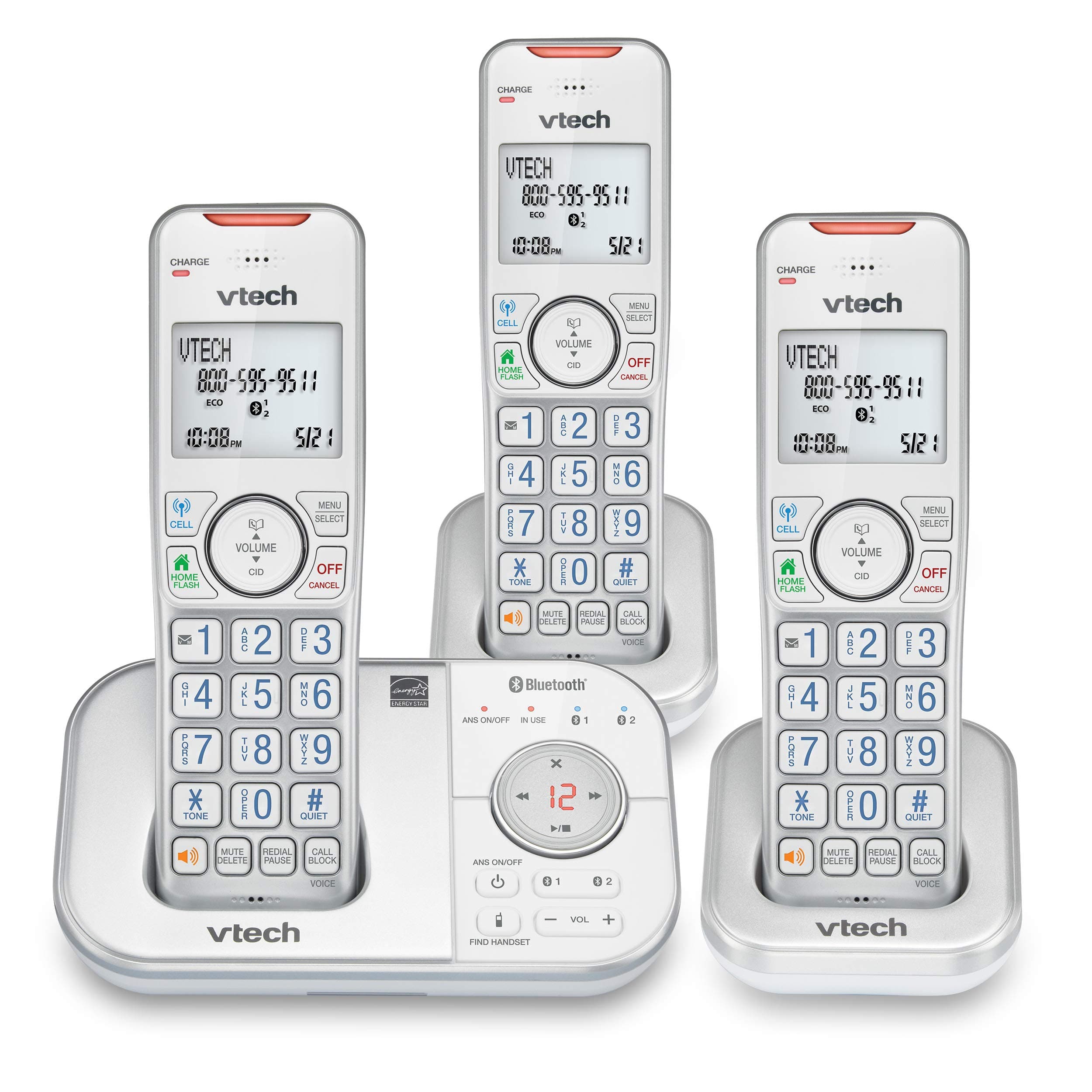 VS112-37 DECT 6.0 Bluetooth 3 Handset Cordless Phone for Home with Answering Machine, Call Blocking, Caller ID, Intercom and Connect to Cell (Silver & White)