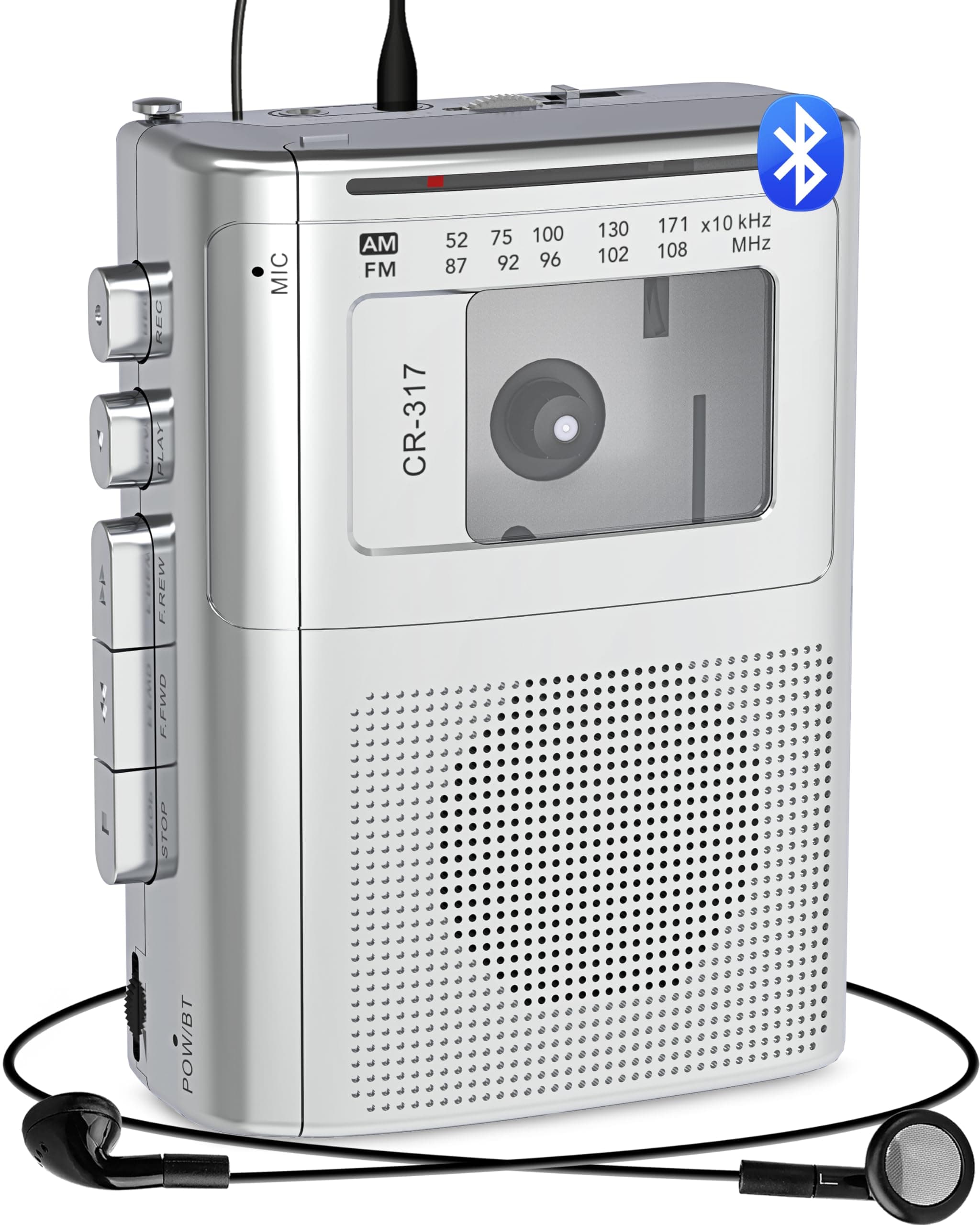 Portable Cassette Player Recorder with Bluetooth Transmitter, AM FM Cassette Player with Headphone Jack & Big Speaker,Microphone Jack, 2*AA Battery Opearated Cassette Tape Player