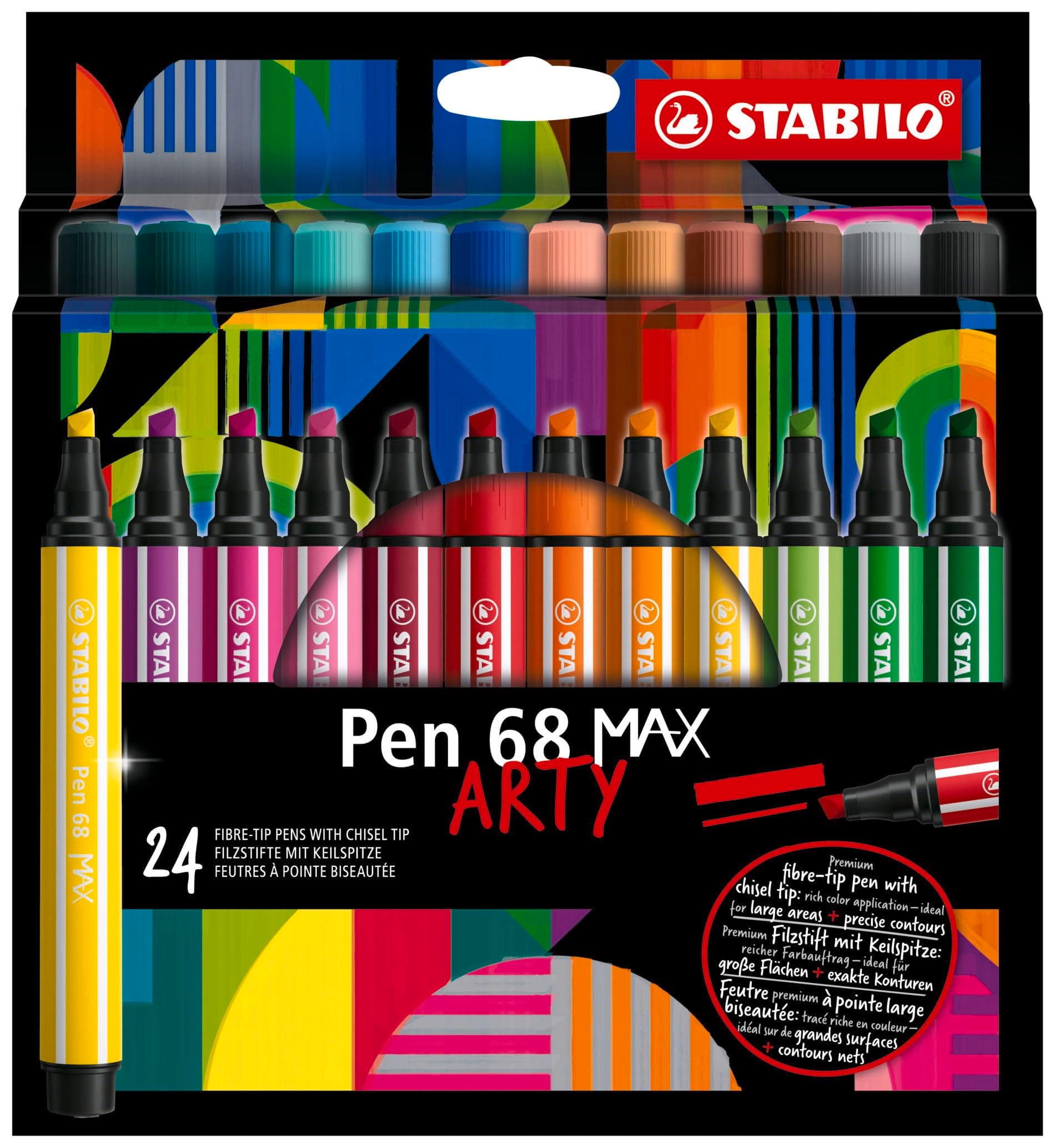 Pen 68 MAX - Premium Fibre-Tip Pen with Chisel Tip - ARTY - Pack of 24 - Assorted colors