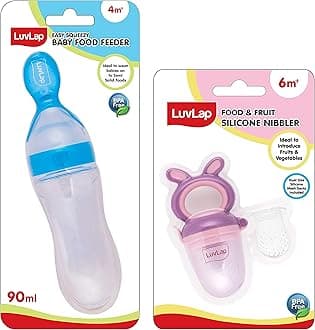 LuvLap Silicone and Plastic Baby Food Feeder Combo, 2 Pcs Set (Blue,Food Feeder 90Ml & Food Nibbler)